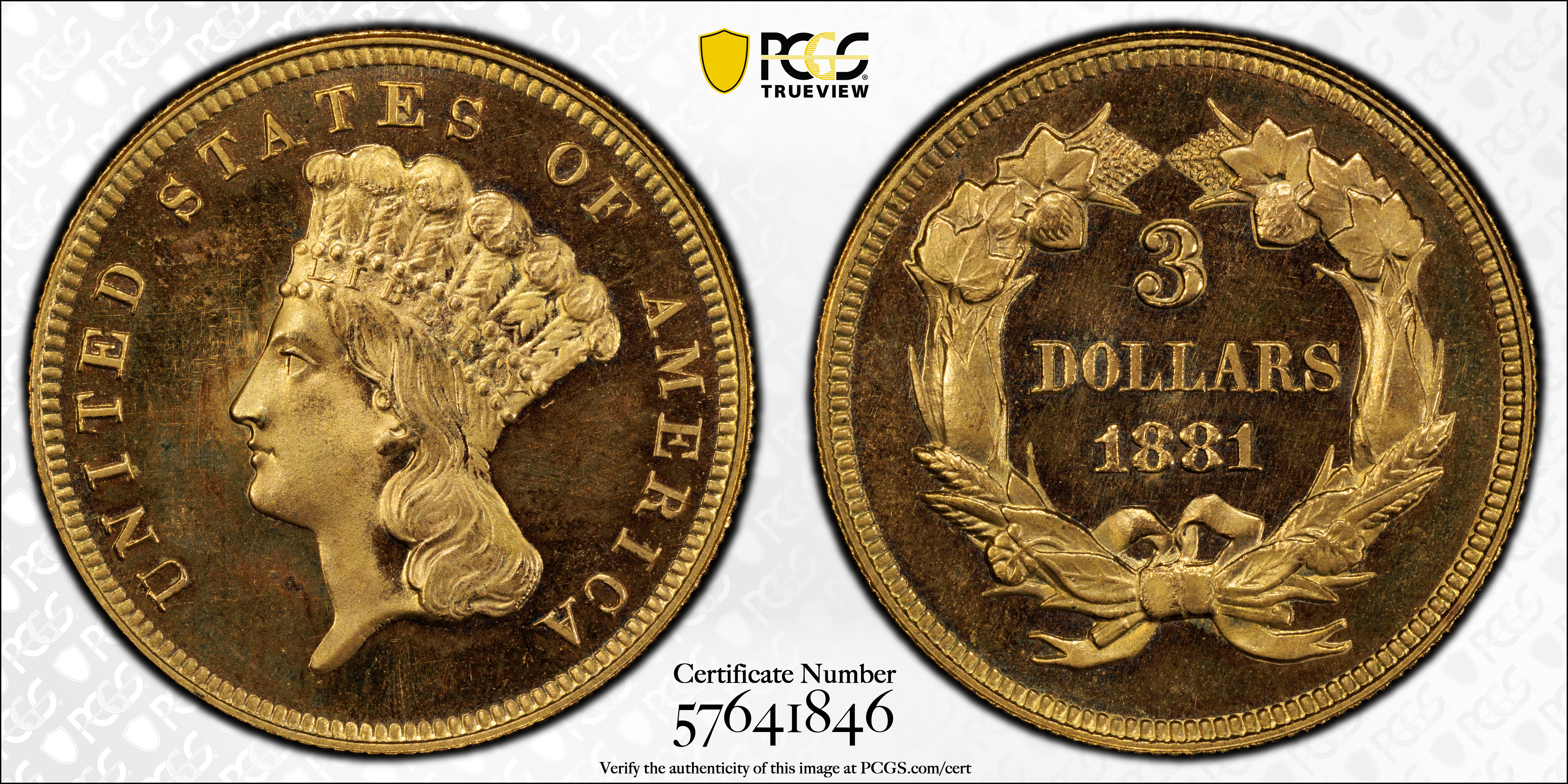image for: 1881 Three-Dollar Gold Piece. JD-1. Rarity-6-. Centered Date. Proof-64 Cameo (PCGS). CMQ.