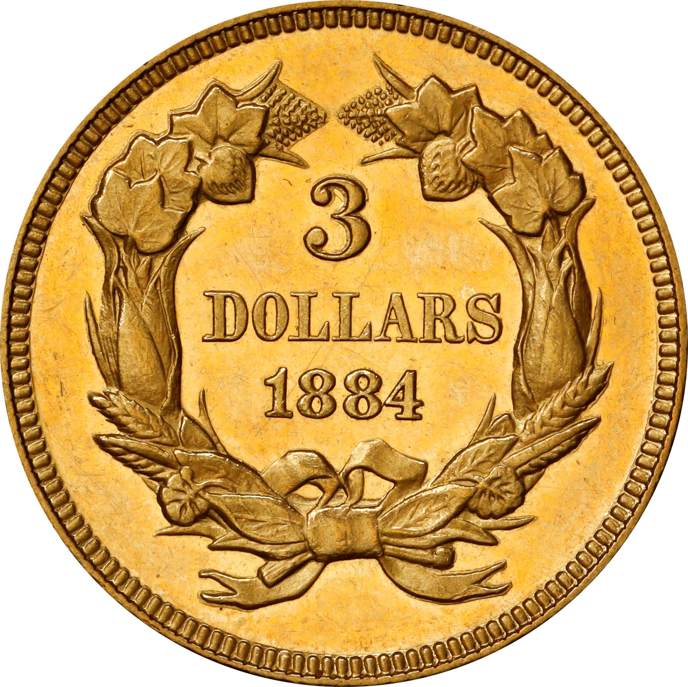 image for: 1884 Three-Dollar Gold Piece. JD-1. Rarity-4+. Proof-62 (PCGS). CAC. CMQ.