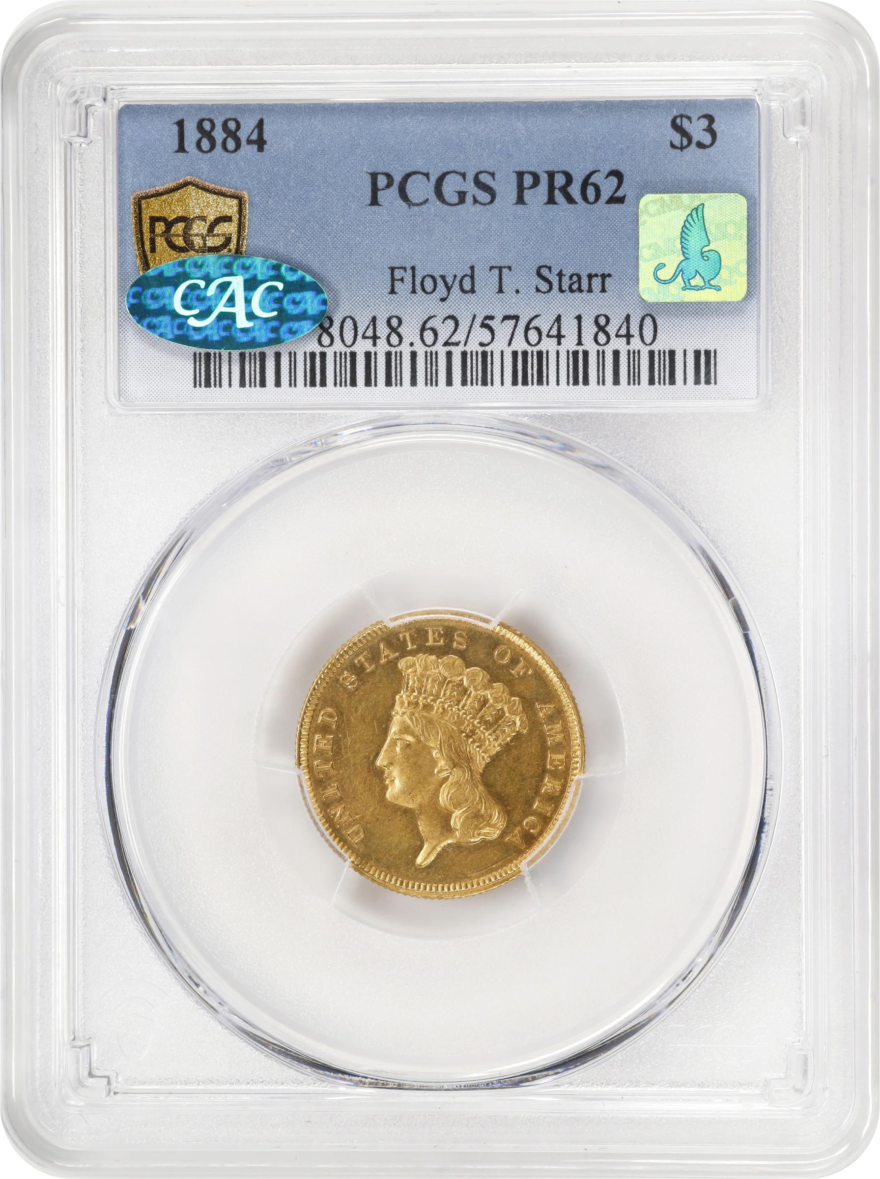 image for: 1884 Three-Dollar Gold Piece. JD-1. Rarity-4+. Proof-62 (PCGS). CAC. CMQ.