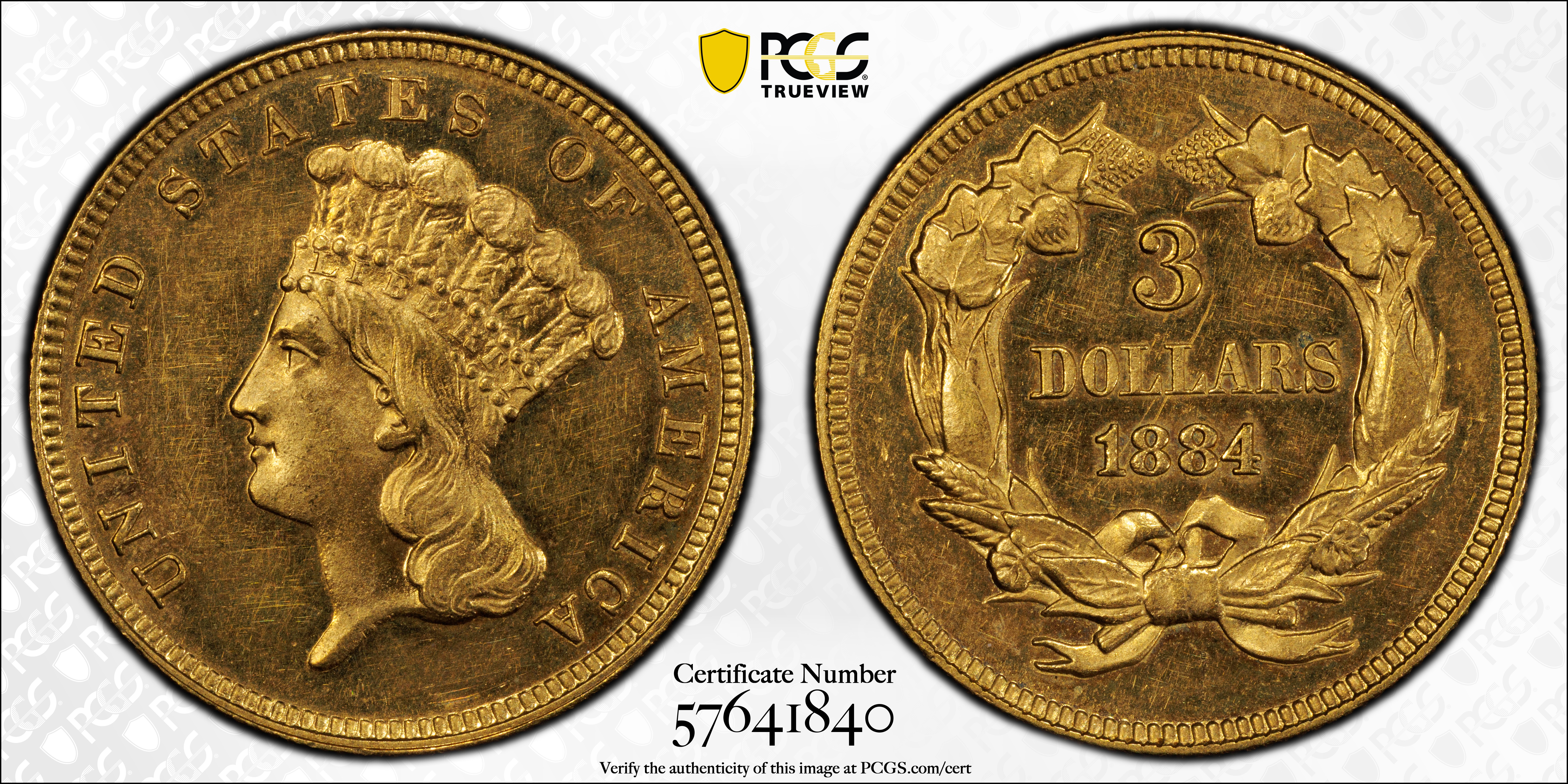 image for: 1884 Three-Dollar Gold Piece. JD-1. Rarity-4+. Proof-62 (PCGS). CAC. CMQ.
