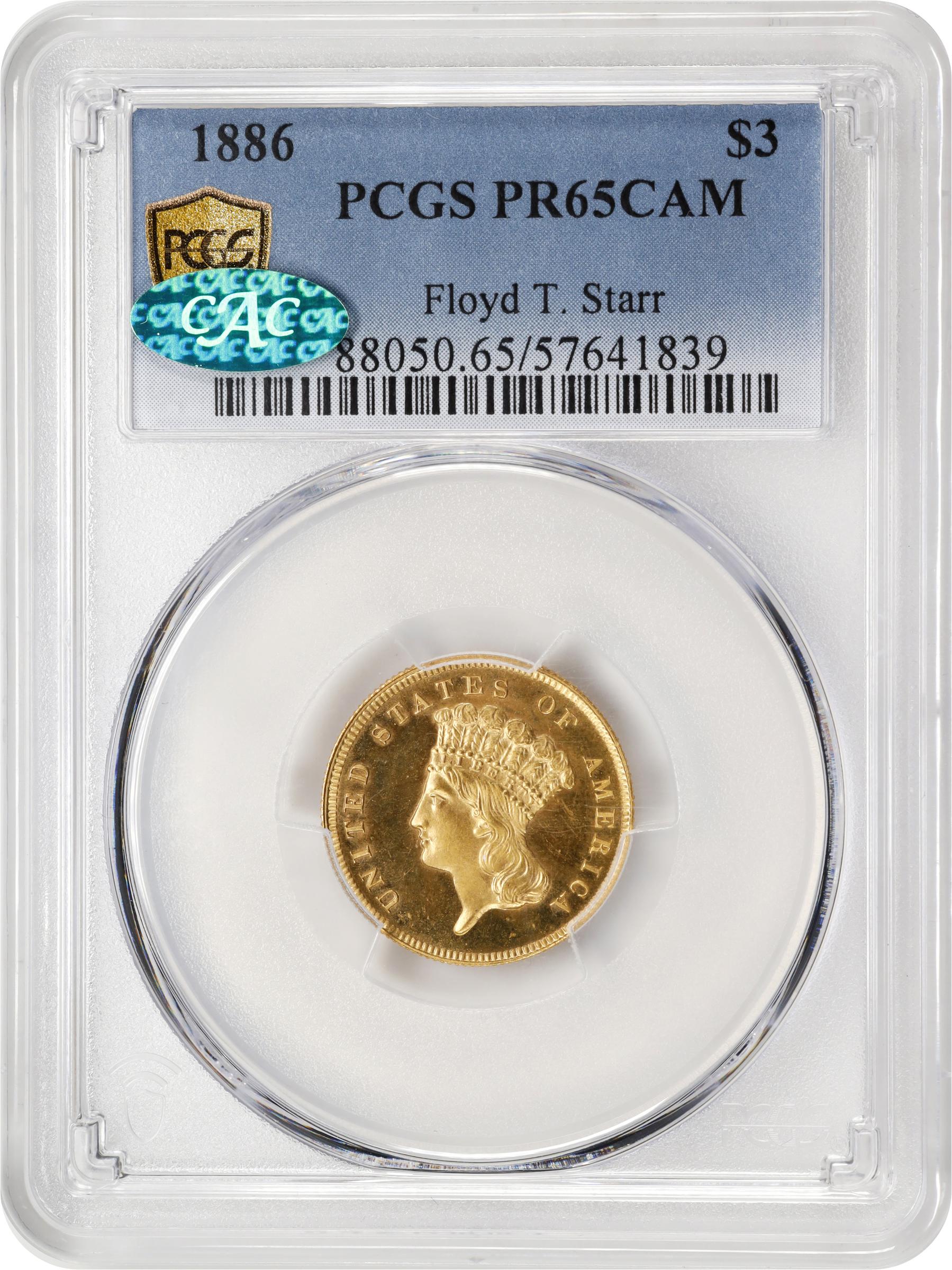 image for: 1886 Three-Dollar Gold Piece. JD-1. Rarity-4. Proof-65 Cameo (PCGS). CAC.