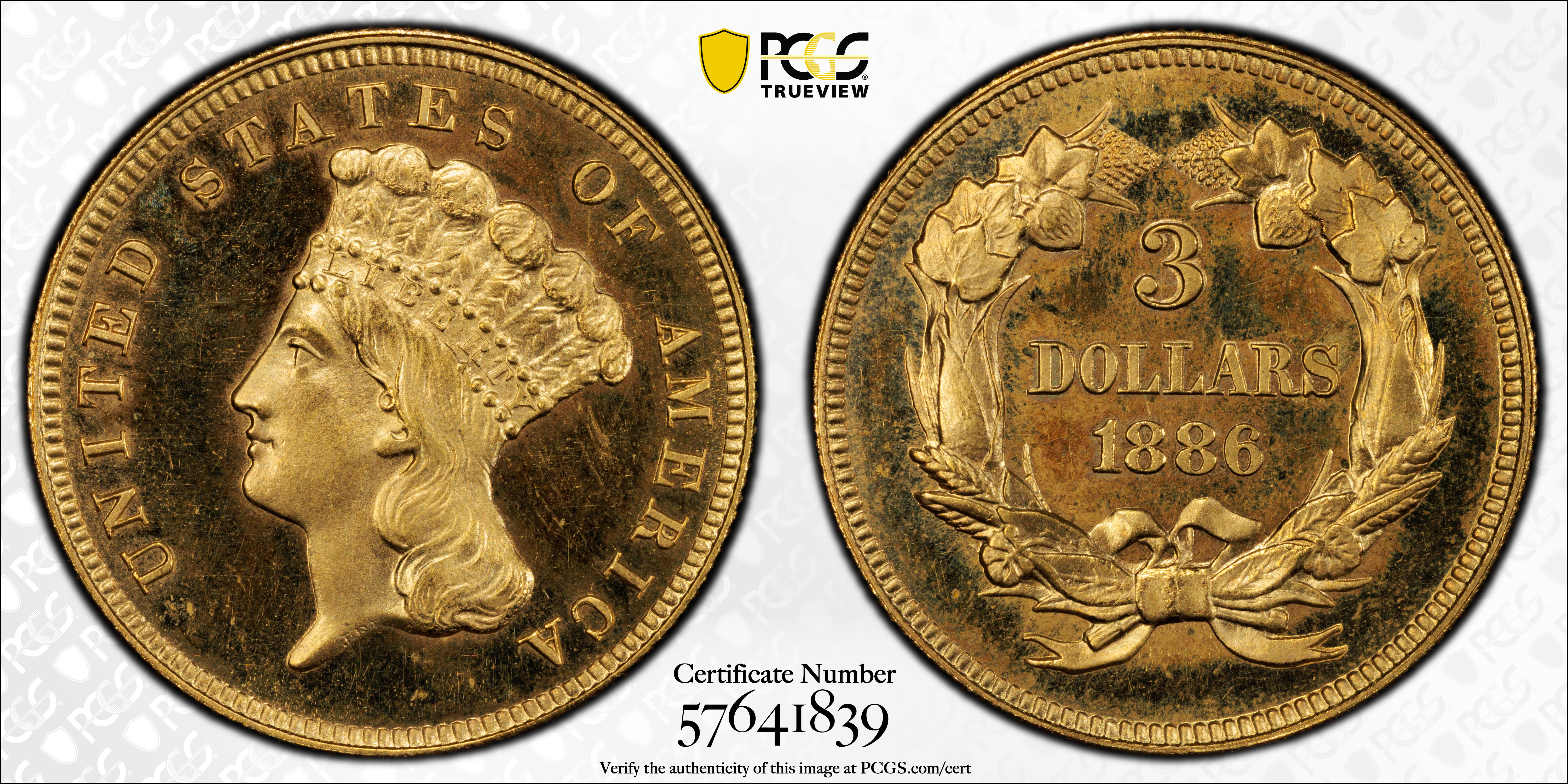image for: 1886 Three-Dollar Gold Piece. JD-1. Rarity-4. Proof-65 Cameo (PCGS). CAC.