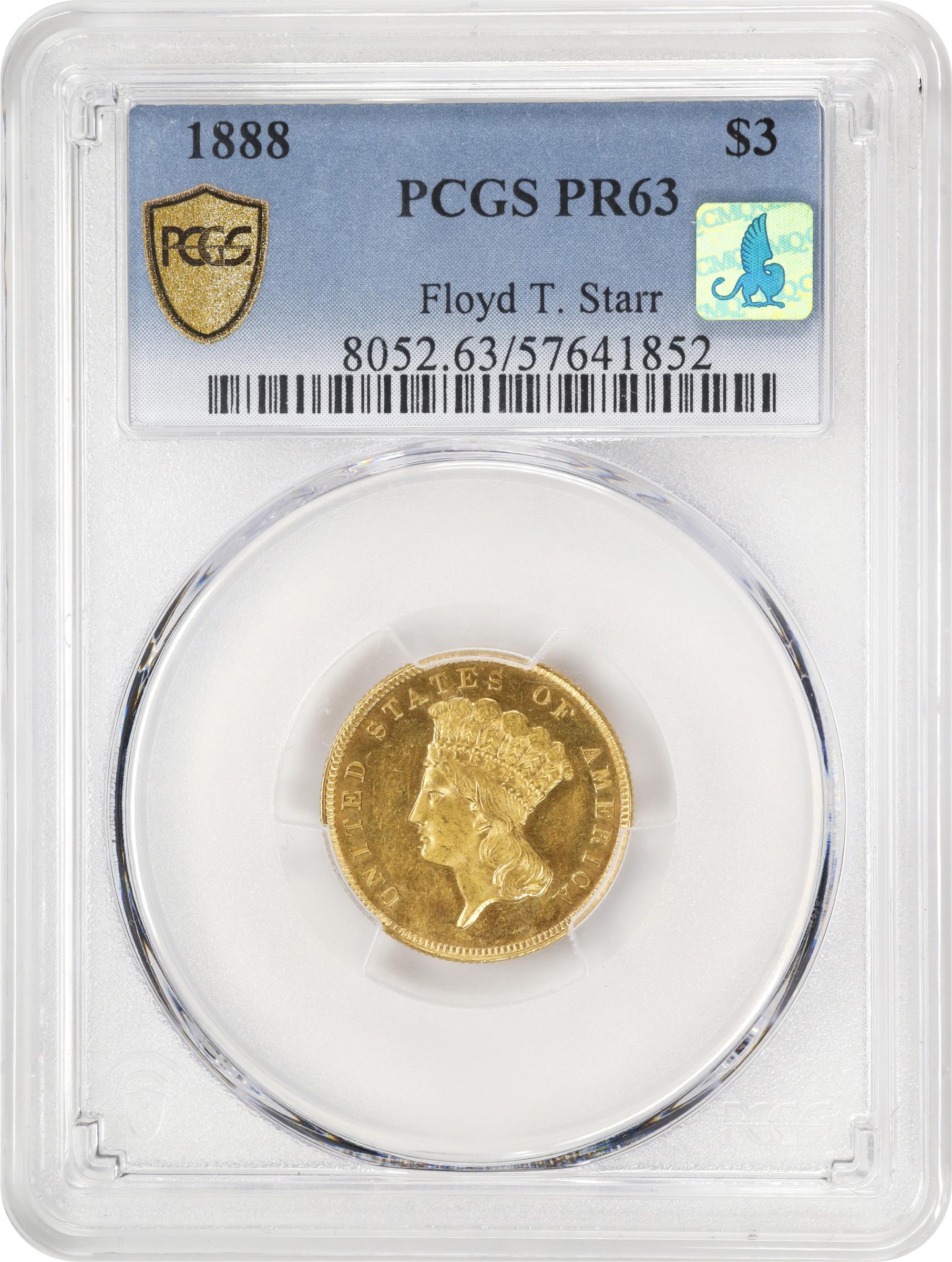 image for: 1888 Three-Dollar Gold Piece. JD-1. Rarity-4-. Proof-63 (PCGS). CMQ.