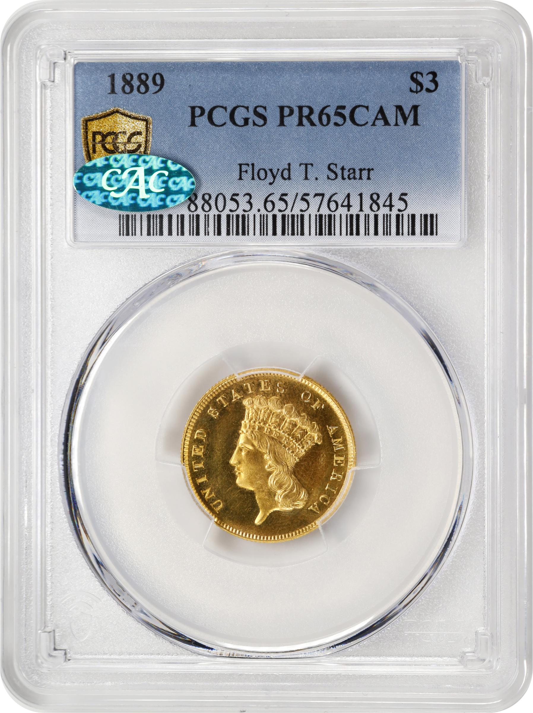 image for: 1889 Three-Dollar Gold Piece. JD-1. Rarity-4. Proof-65 Cameo (PCGS). CAC.