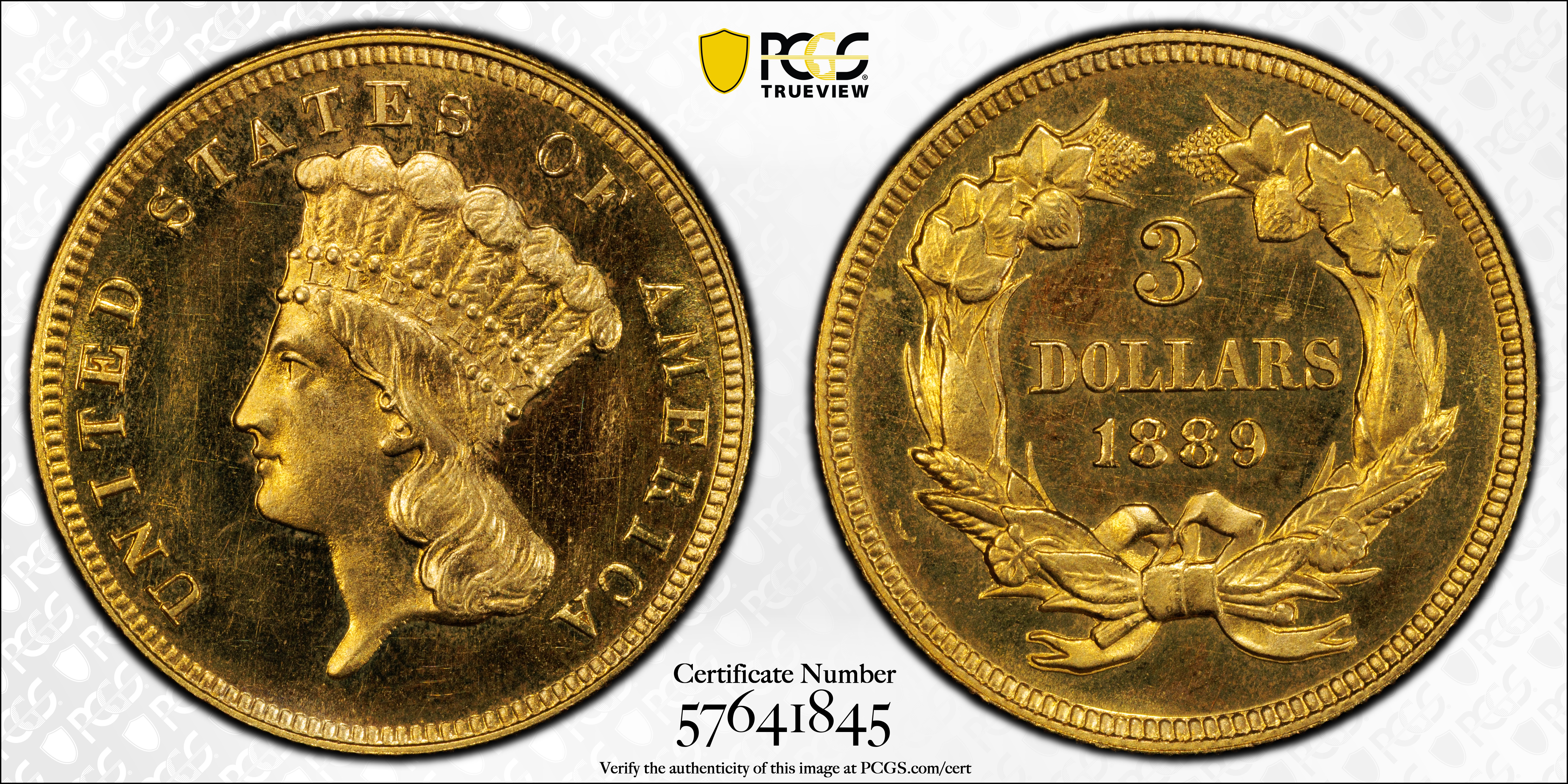 image for: 1889 Three-Dollar Gold Piece. JD-1. Rarity-4. Proof-65 Cameo (PCGS). CAC.