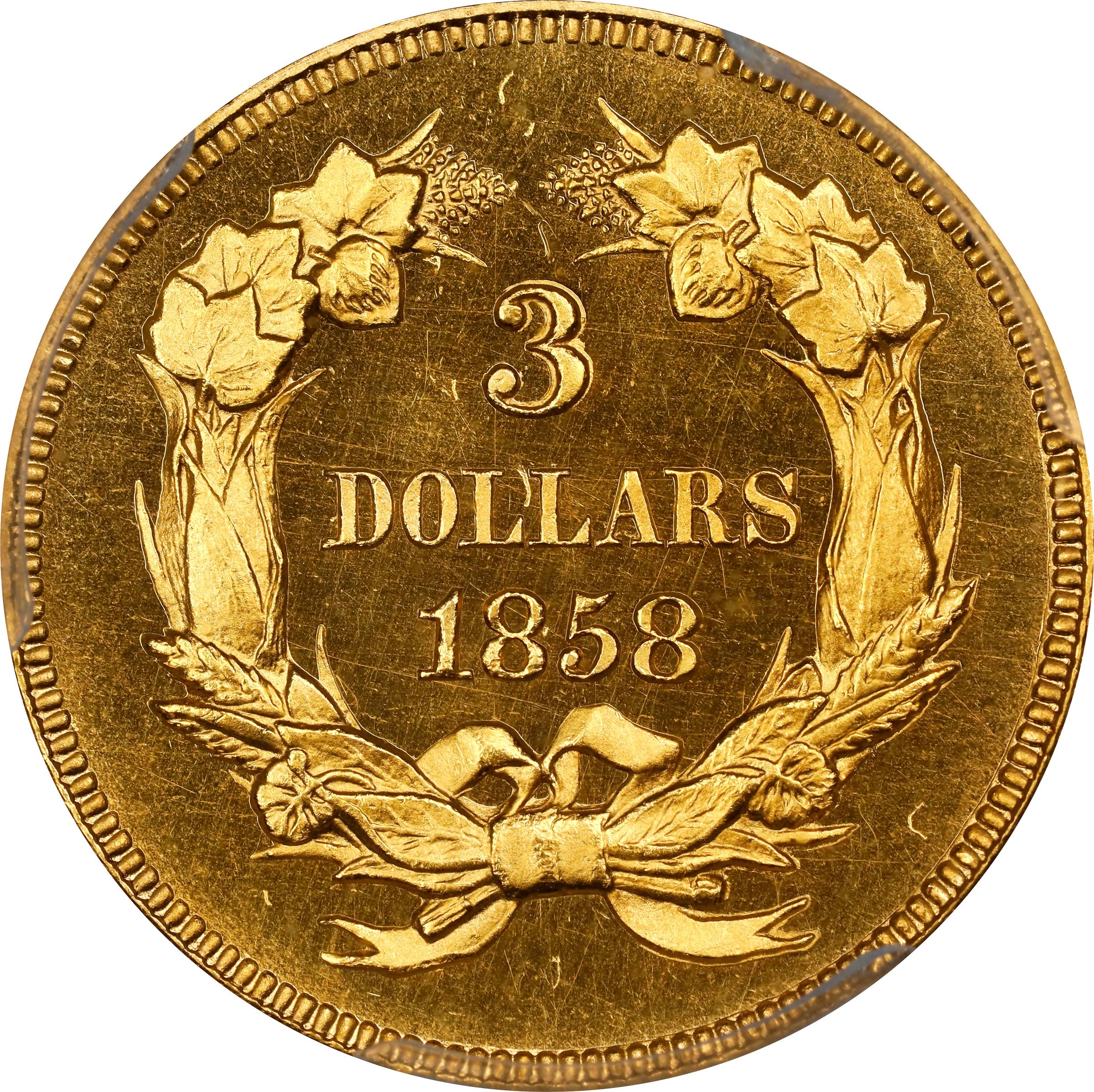 image for: 1858 Three-Dollar Gold Piece. JD-1. Rarity-7-. Proof-65+ Cameo (PCGS). CAC. CMQ.