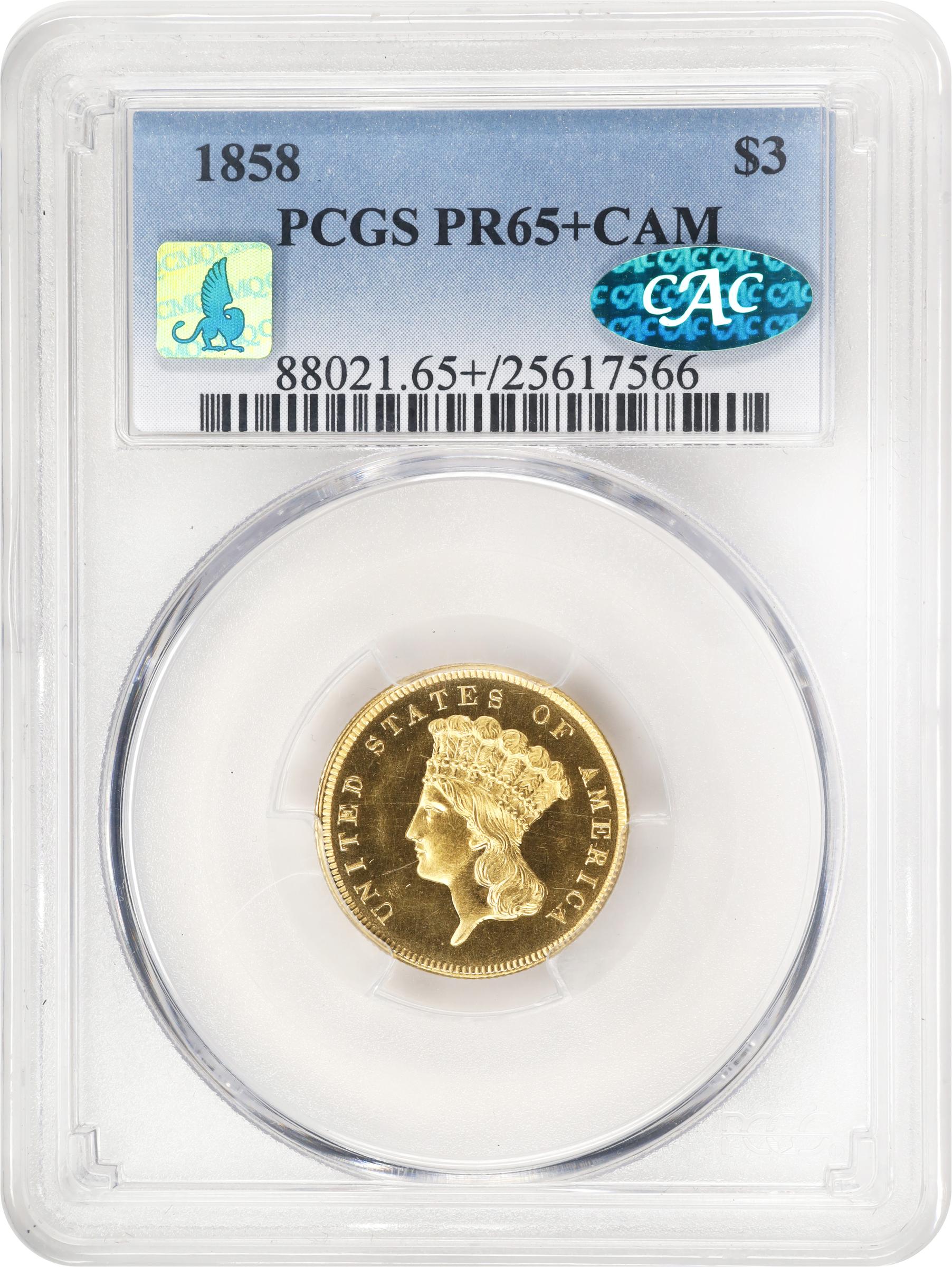 image for: 1858 Three-Dollar Gold Piece. JD-1. Rarity-7-. Proof-65+ Cameo (PCGS). CAC. CMQ.