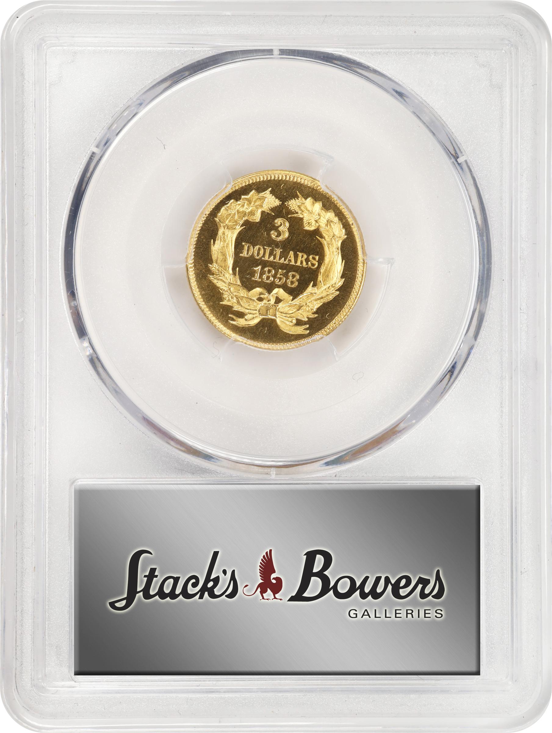 image for: 1858 Three-Dollar Gold Piece. JD-1. Rarity-7-. Proof-65+ Cameo (PCGS). CAC. CMQ.