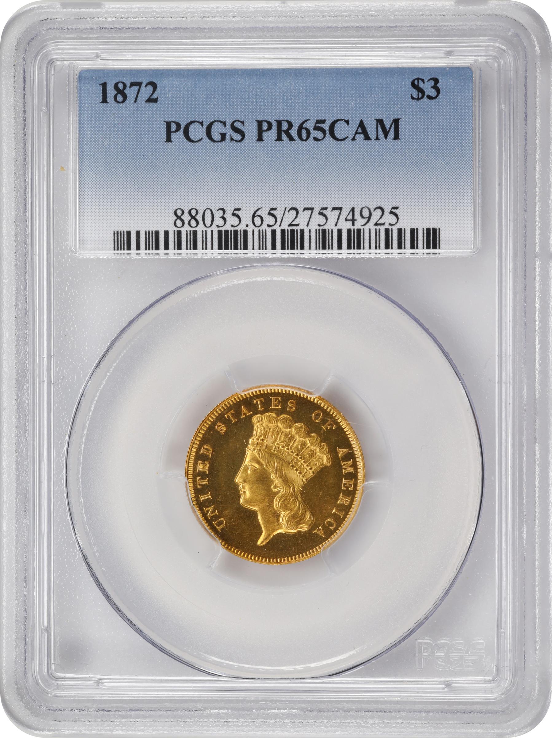 image for: 1872 Three-Dollar Gold Piece. JD-1. Rarity-6+. Proof-65 Cameo (PCGS).