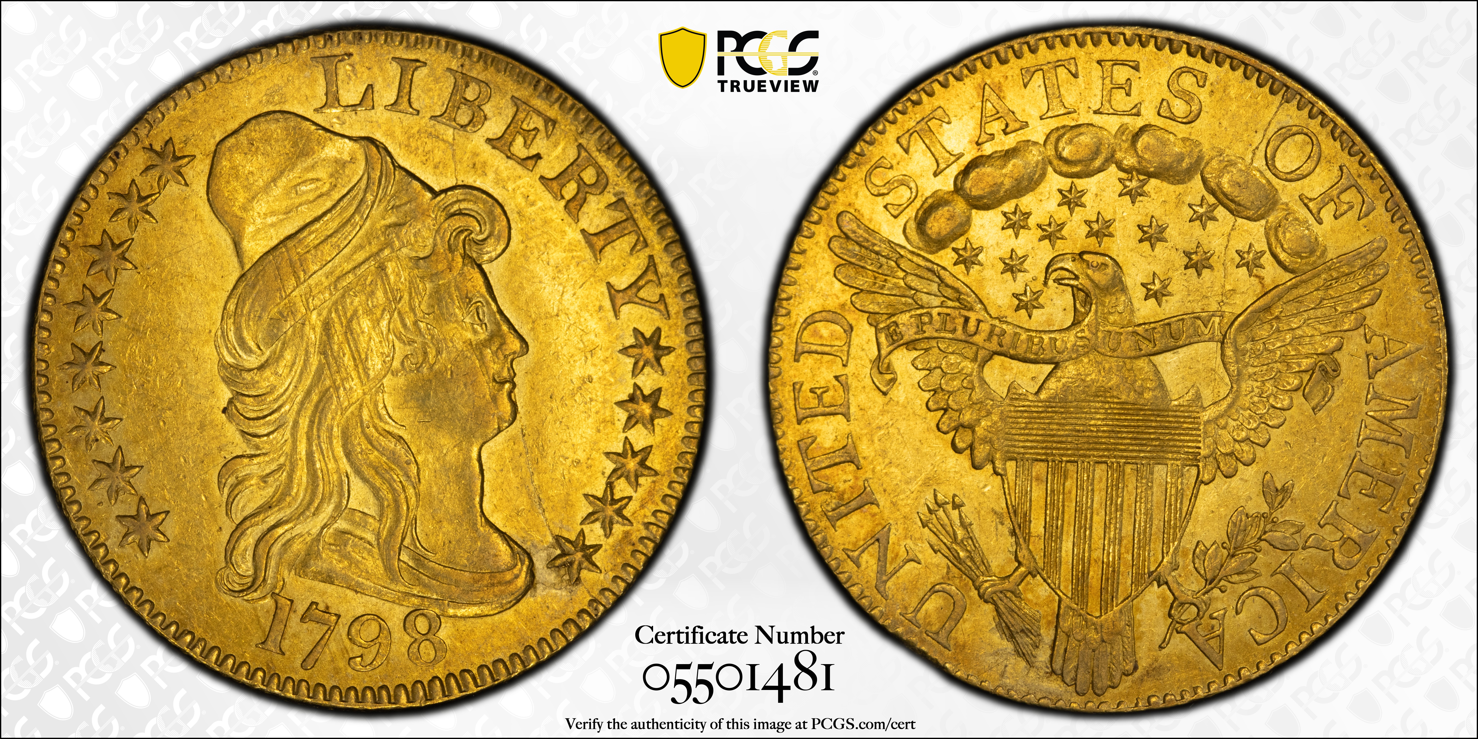 image for: 1798 Capped Bust Right Half Eagle. Heraldic Eagle. BD-6. Rarity-6. Small (a.k.a. Normal) 8. AU-58 (PCGS). CMQ.