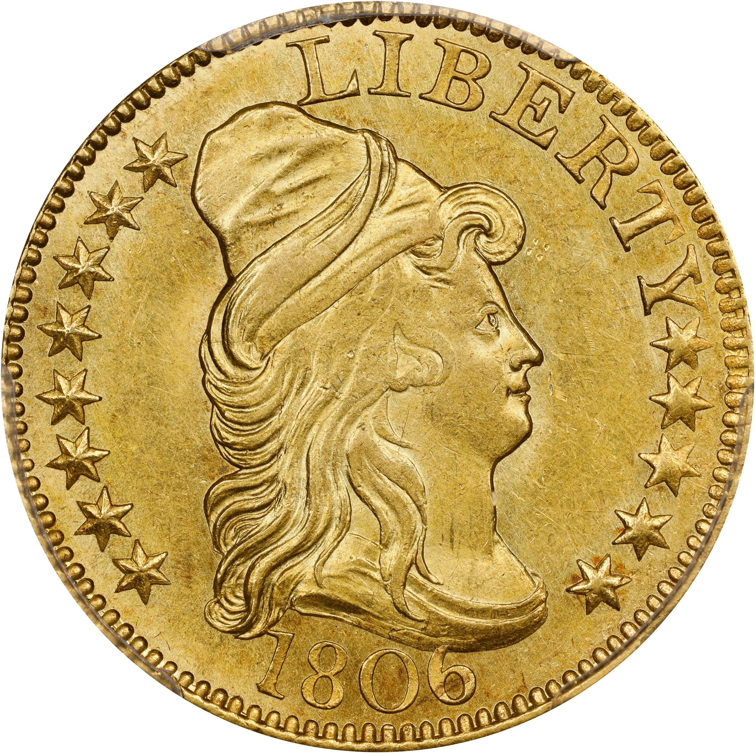 image for: 1806 Capped Bust Right Half Eagle. BD-4. Rarity-5+. Pointed-Top 6, Stars 8x5. MS-63+ (PCGS).