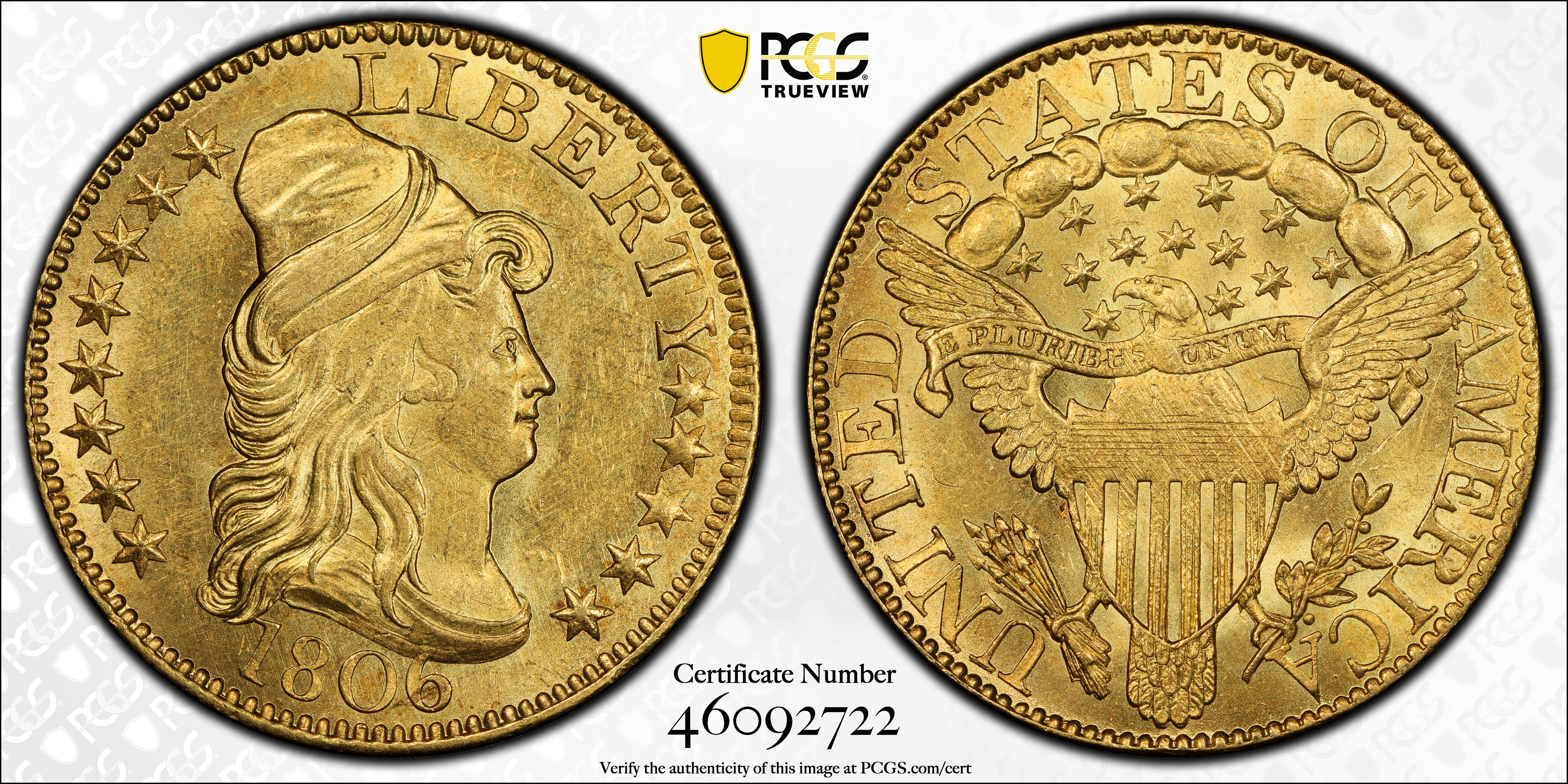 image for: 1806 Capped Bust Right Half Eagle. BD-4. Rarity-5+. Pointed-Top 6, Stars 8x5. MS-63+ (PCGS).