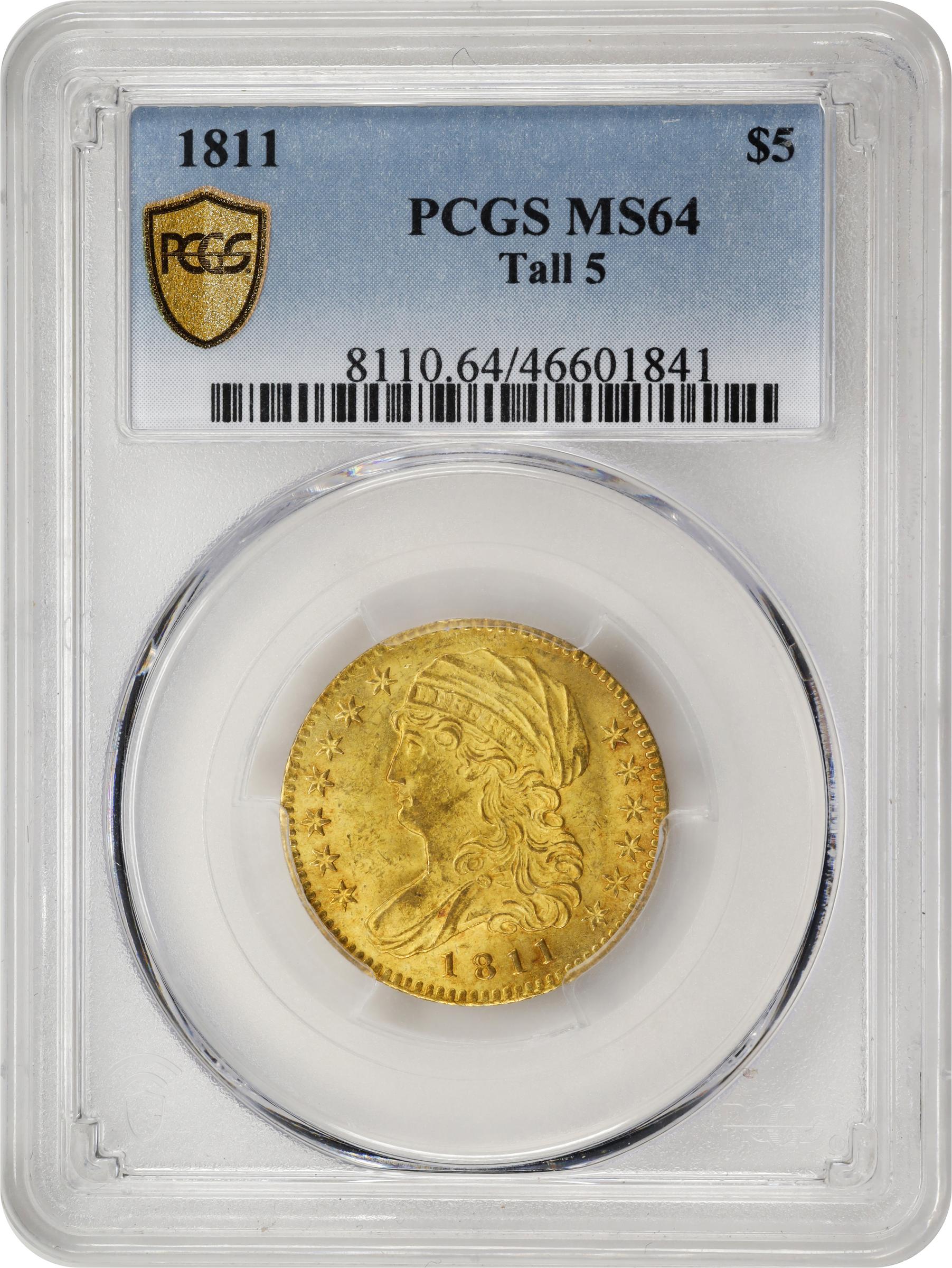image for: 1811 Capped Bust Left Half Eagle. BD-1. Rarity-3+. Tall 5. MS-64 (PCGS).
