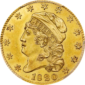 image for: 1820 Capped Head Left Half Eagle. BD-5. Rarity-6. Curved-Base 2, Large Letters. MS-63 (PCGS).