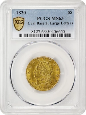 image for: 1820 Capped Head Left Half Eagle. BD-5. Rarity-6. Curved-Base 2, Large Letters. MS-63 (PCGS).
