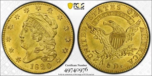 image for: 1820 Capped Head Left Half Eagle. BD-5. Rarity-6. Curved-Base 2, Large Letters. MS-63 (PCGS).