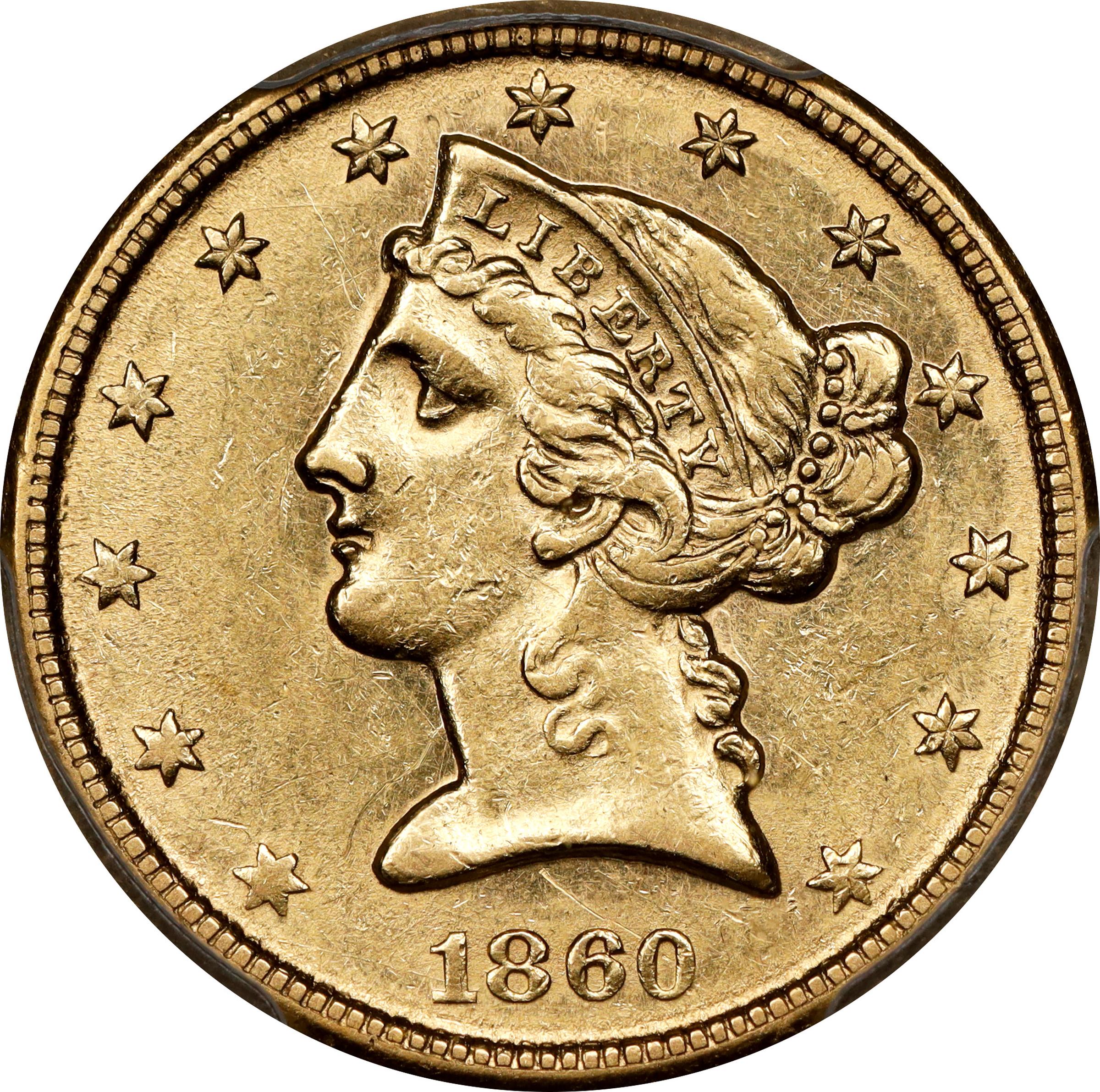 image for: 1860-D Liberty Head Half Eagle. Winter 46-FF. Large D. AU-58 (PCGS). CAC. CMQ.