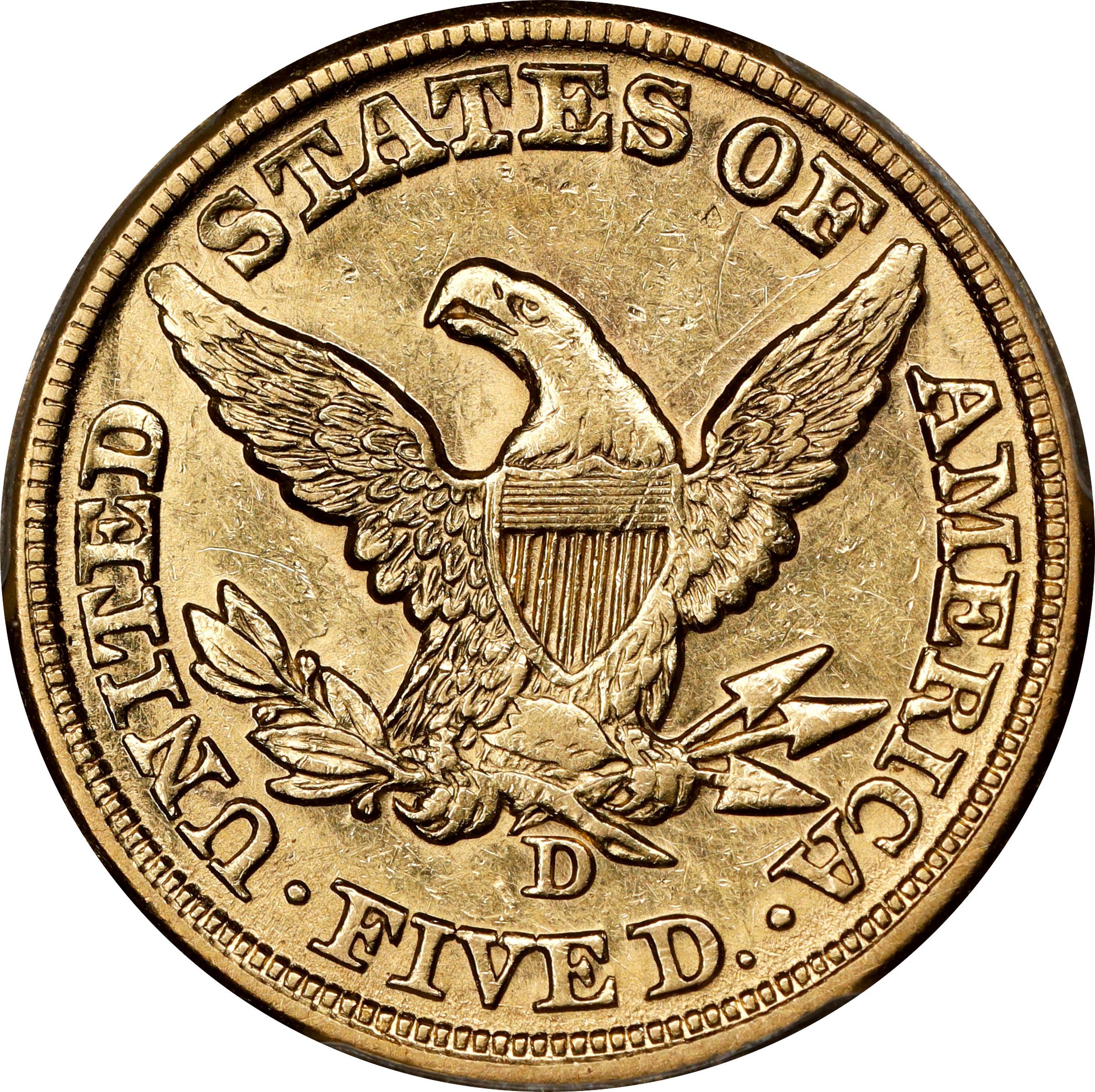 image for: 1860-D Liberty Head Half Eagle. Winter 46-FF. Large D. AU-58 (PCGS). CAC. CMQ.