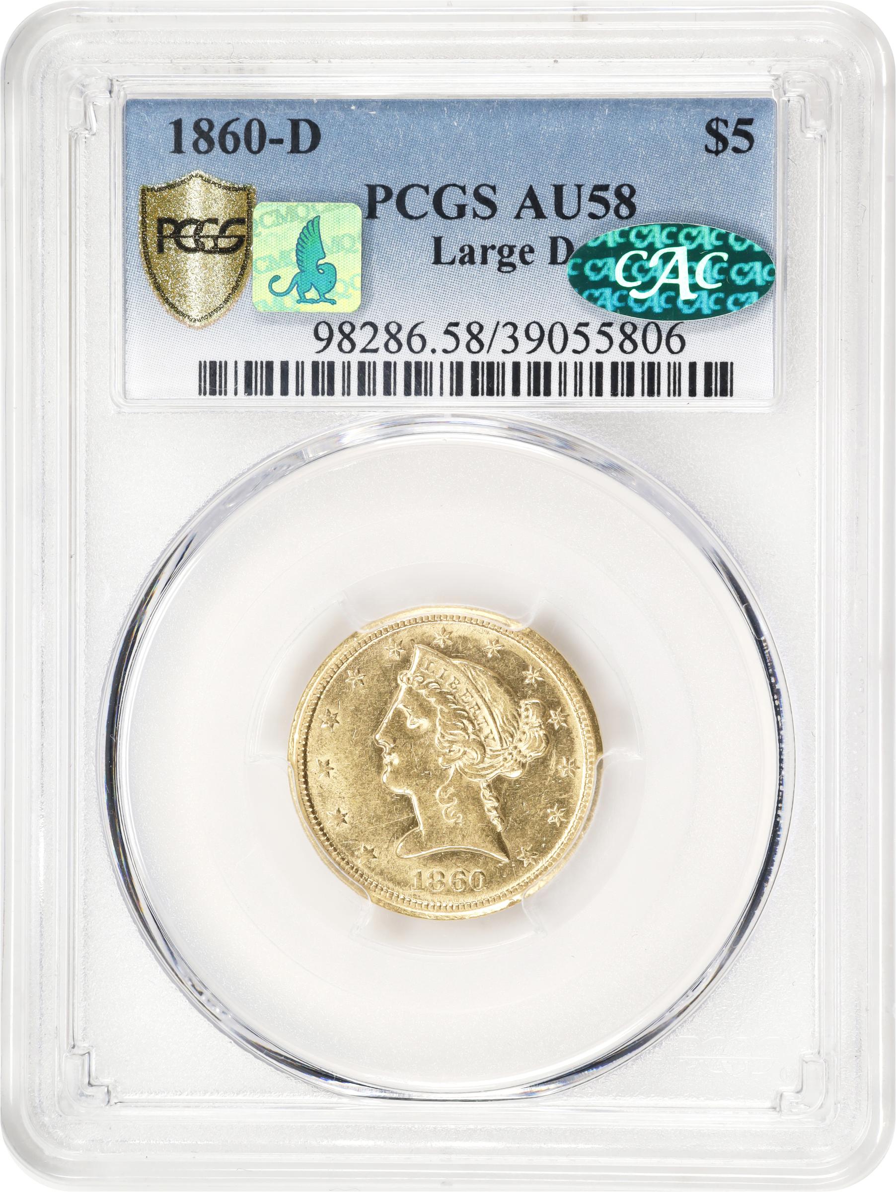 image for: 1860-D Liberty Head Half Eagle. Winter 46-FF. Large D. AU-58 (PCGS). CAC. CMQ.