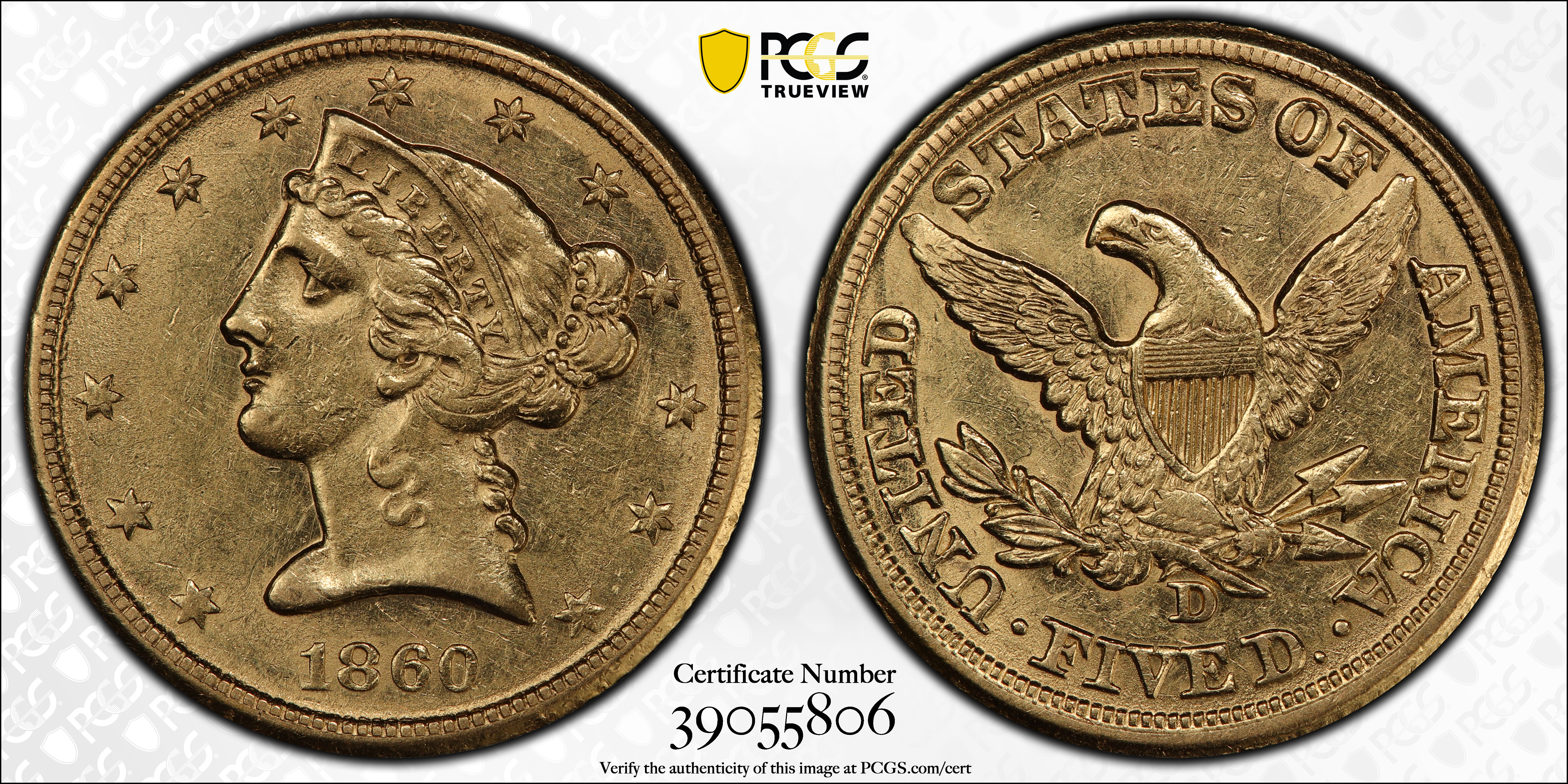 image for: 1860-D Liberty Head Half Eagle. Winter 46-FF. Large D. AU-58 (PCGS). CAC. CMQ.