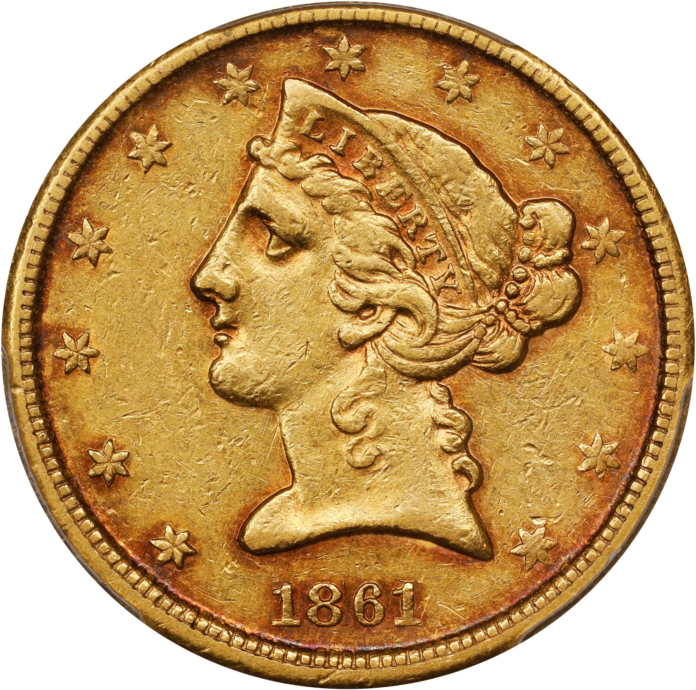 image for: 1861-D Liberty Head Half Eagle. Winter 47-GG. AU-50 (PCGS).