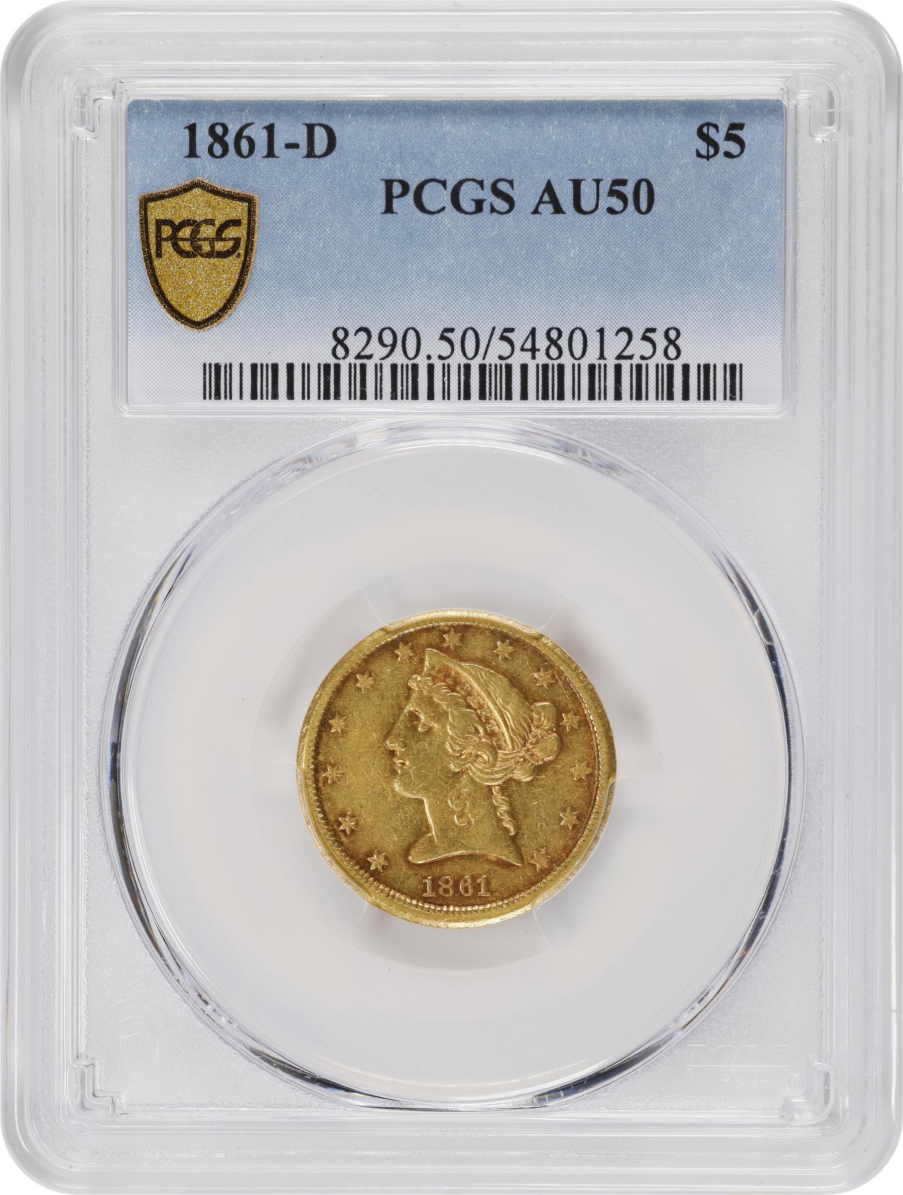 image for: 1861-D Liberty Head Half Eagle. Winter 47-GG. AU-50 (PCGS).