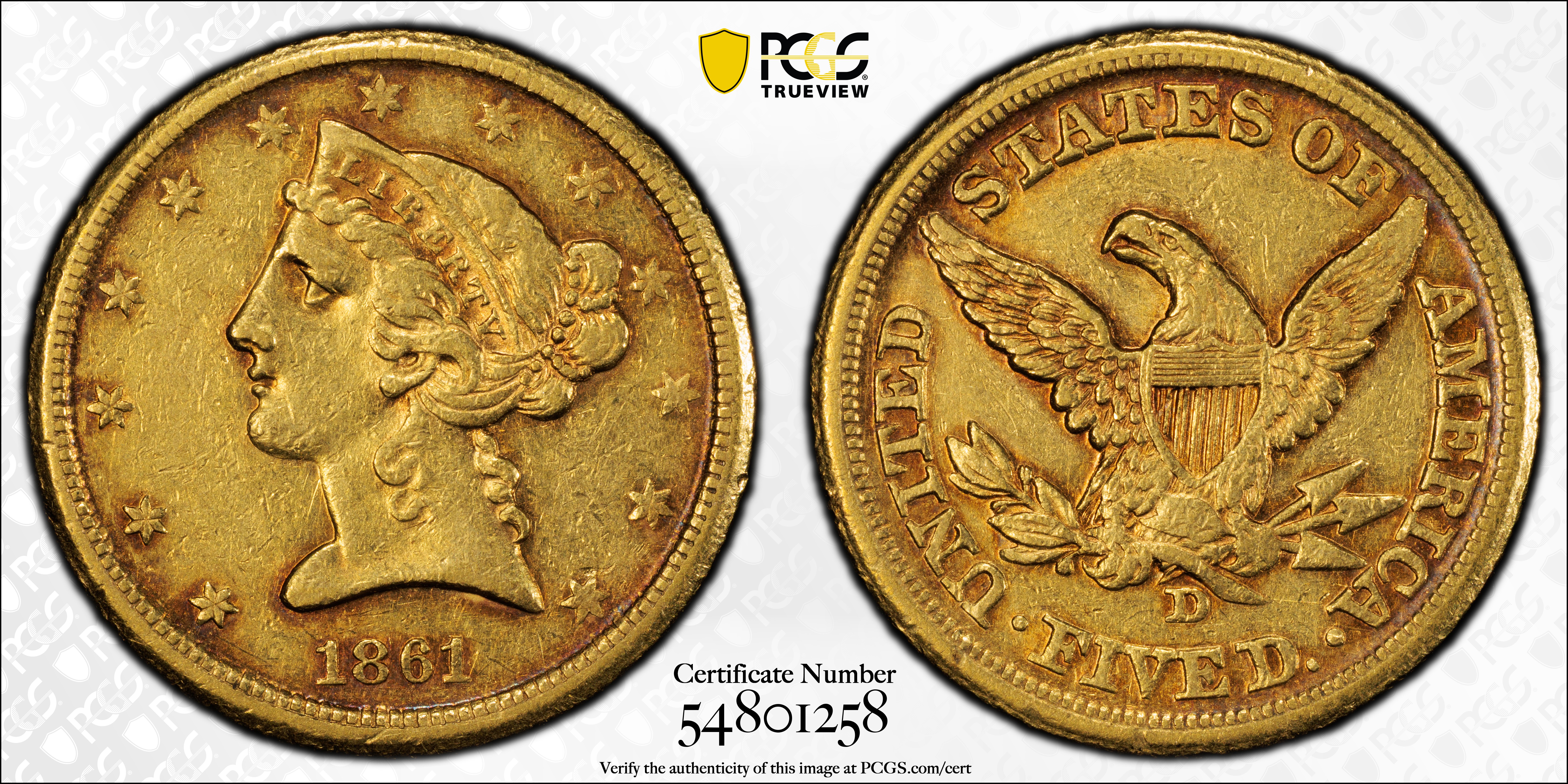 image for: 1861-D Liberty Head Half Eagle. Winter 47-GG. AU-50 (PCGS).