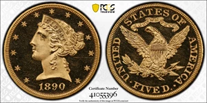 image for: 1890 Liberty Head Half Eagle. JD-1. Rarity-5. Proof-66 Deep Cameo (PCGS). CAC. CMQ.