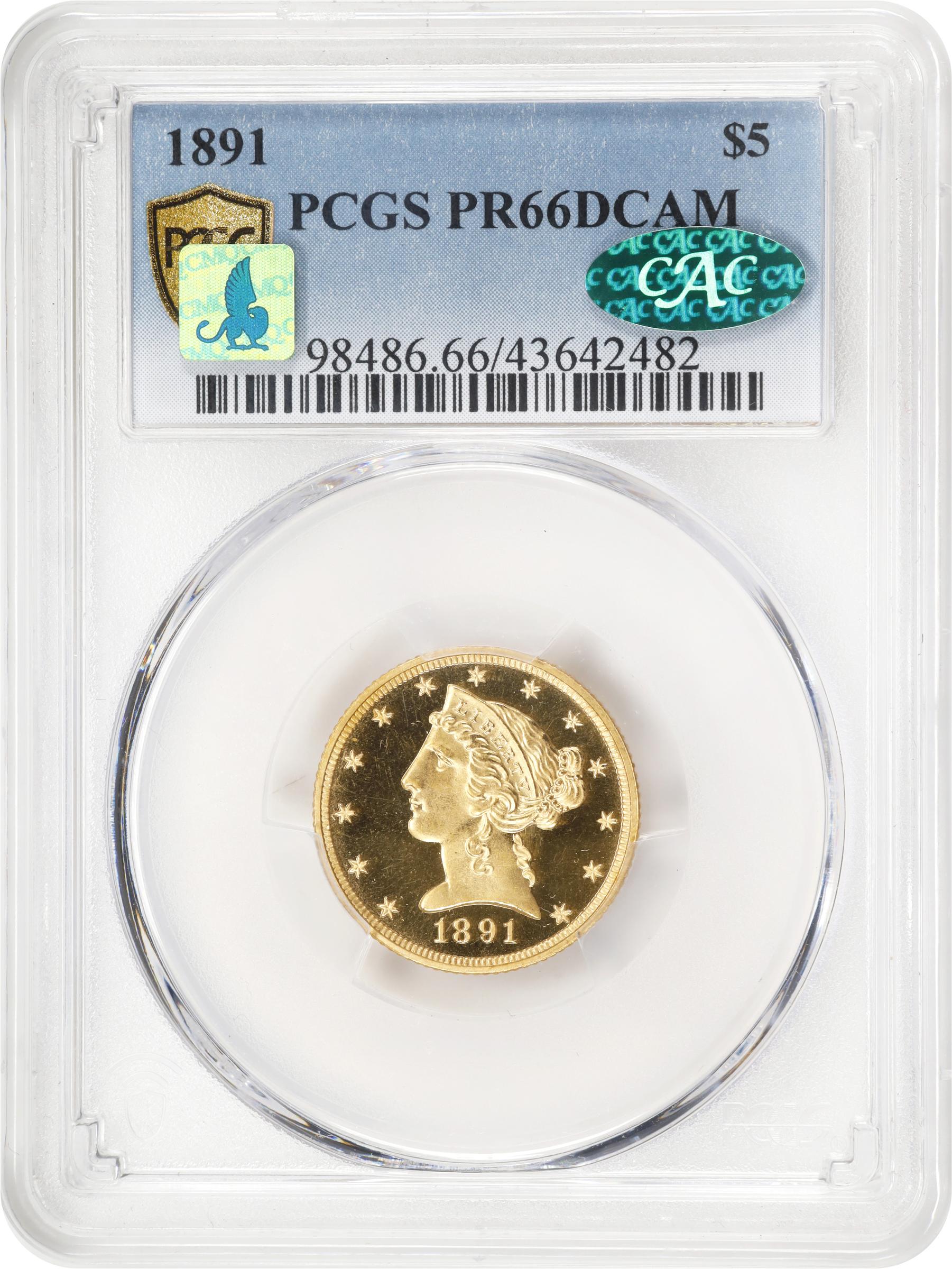 image for: 1891 Liberty Head Half Eagle. JR-1. Rarity-5+. Proof-66 Deep Cameo (PCGS). CAC. CMQ.
