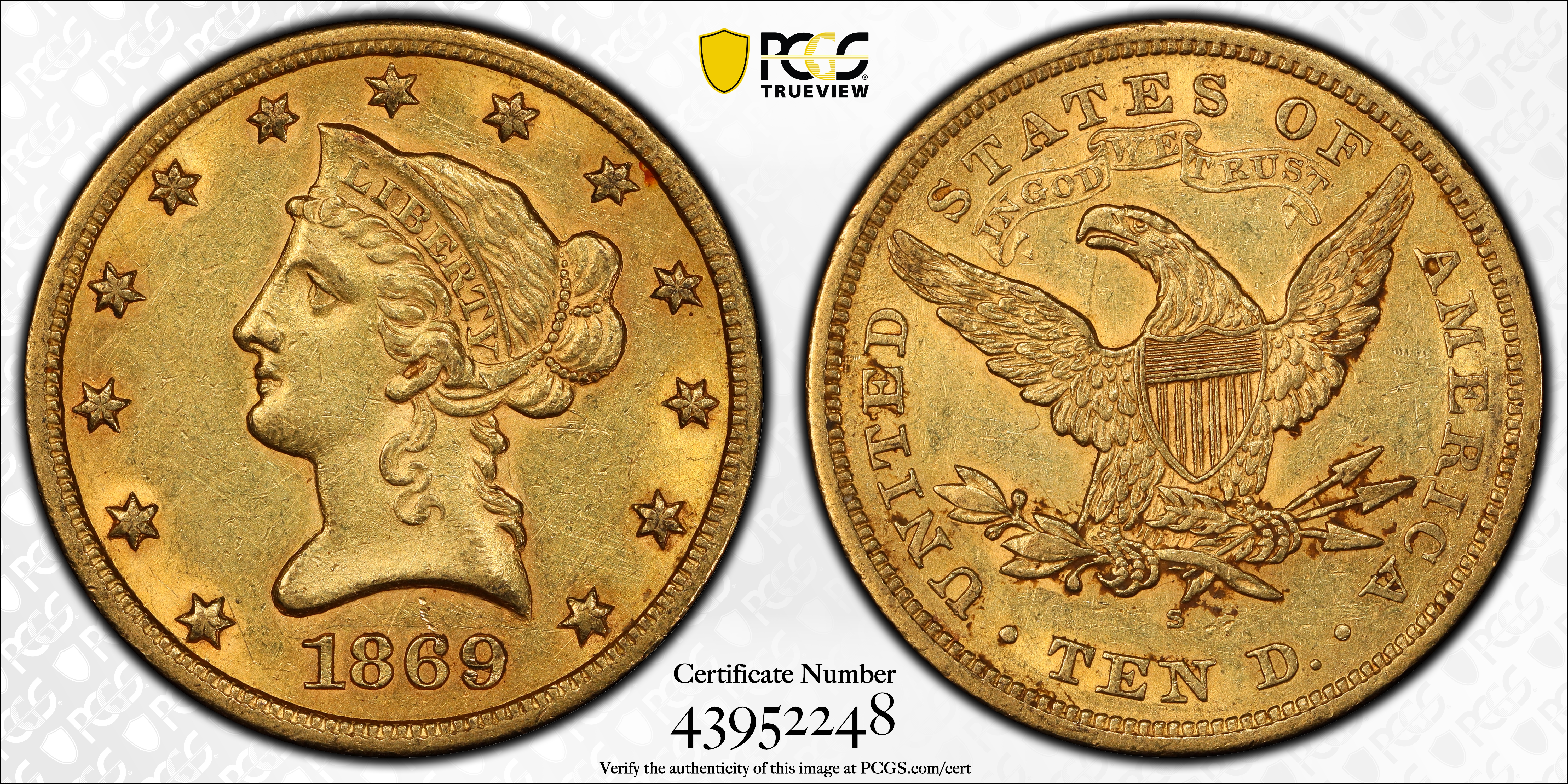 image for: 1869-S Liberty Head Eagle. AU-55 (PCGS). CAC. CMQ.