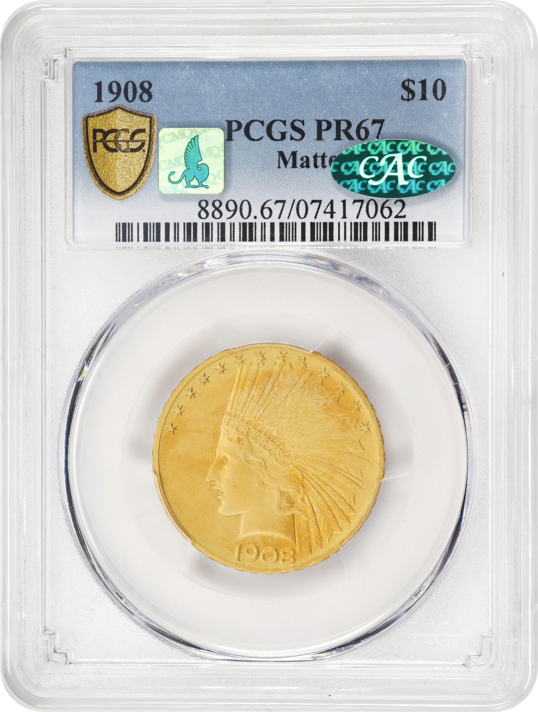 image for: 1908 Indian Eagle. Motto. JD-1. Rarity-5-. Sandblast. Proof-67 (PCGS). CAC. CMQ.