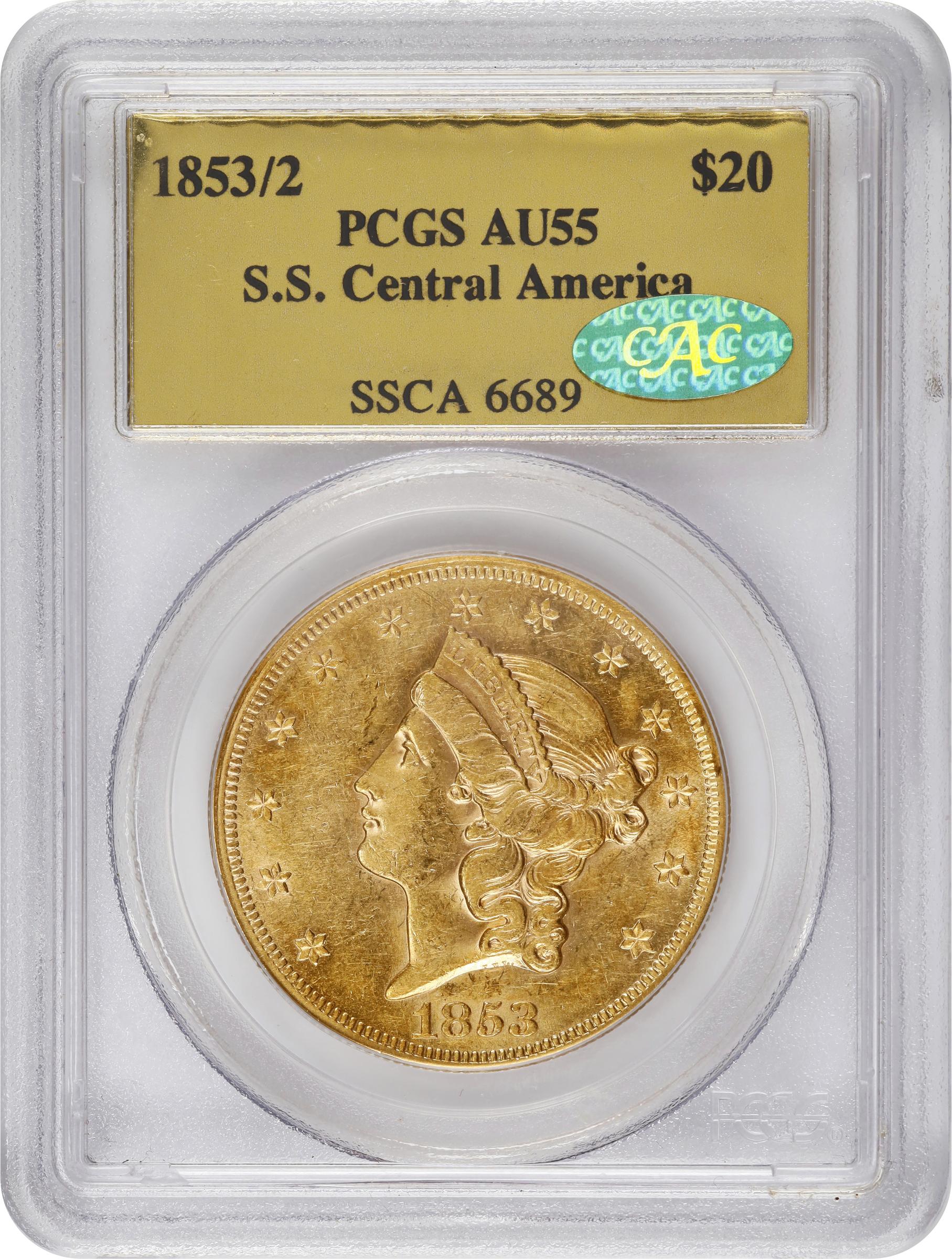 image for: 1853/'2' Liberty Head Double Eagle. FS-301. AU-55 (PCGS). CAC. Gold S.S. Central America Label.