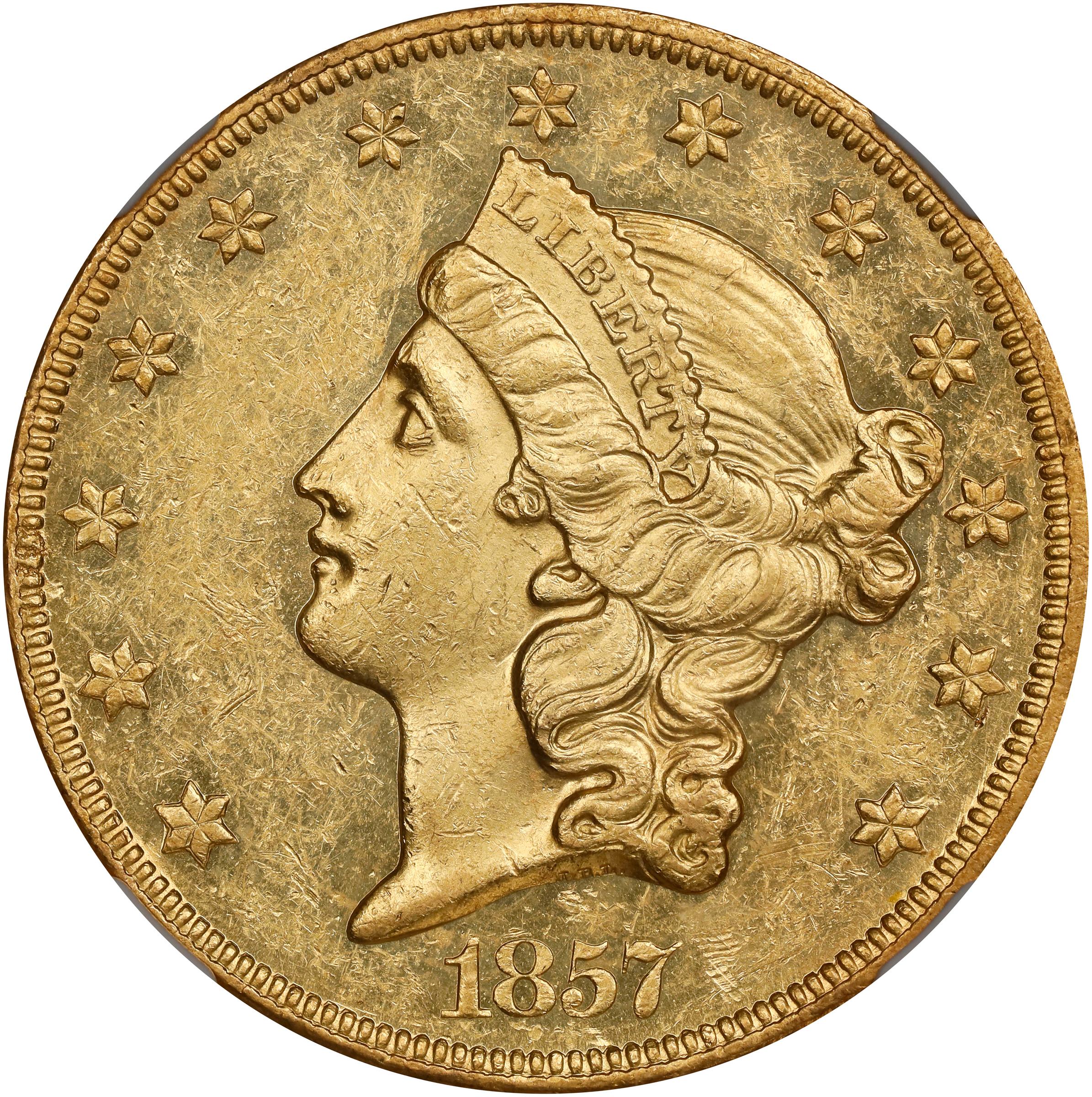 image for: 1857-O Liberty Head Double Eagle. Winter-1. MS-60 PL (NGC). S.S. Republic Label.