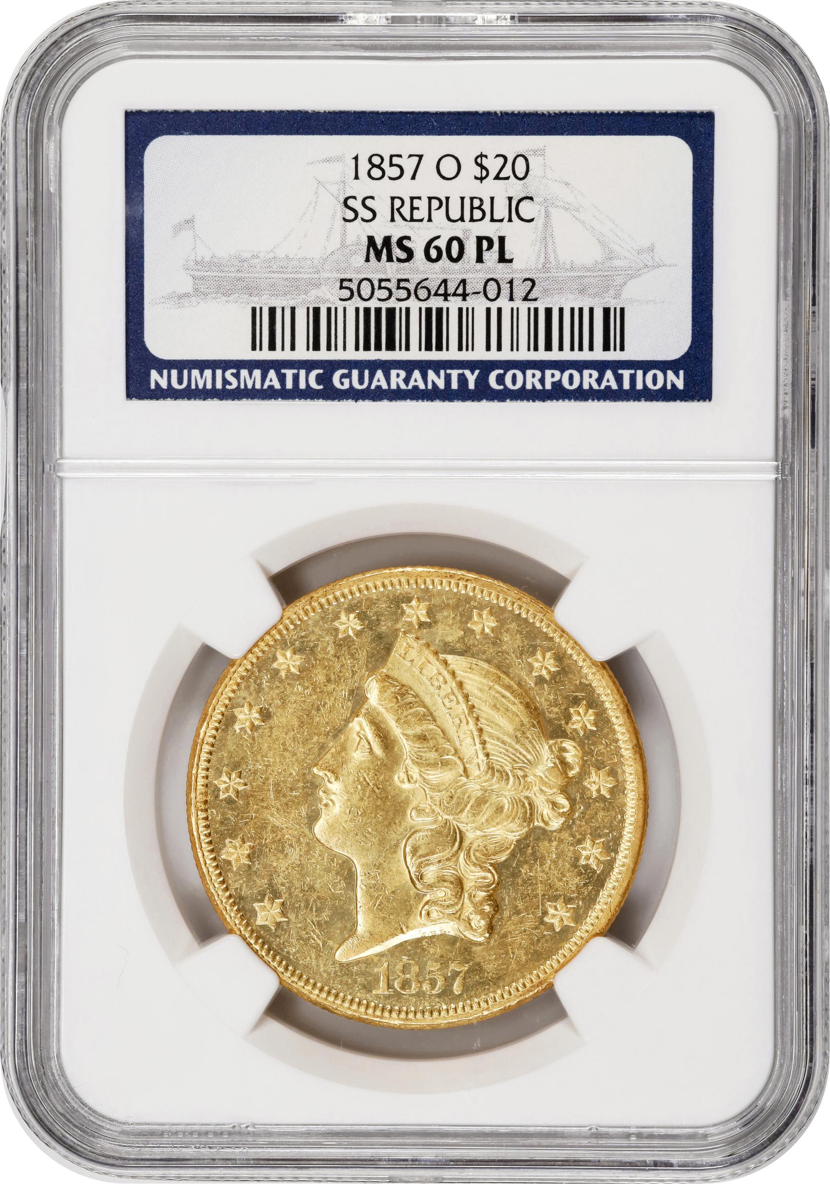 image for: 1857-O Liberty Head Double Eagle. Winter-1. MS-60 PL (NGC). S.S. Republic Label.