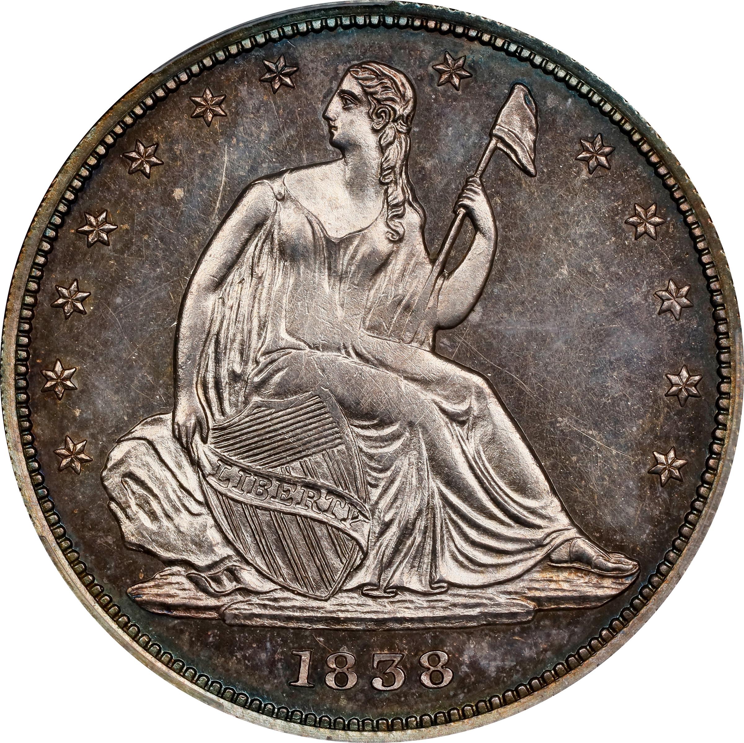 image for: 1838 Pattern Liberty Seated Half Dollar. Judd-80 Restrike, Pollock-87. Rarity-7+. Silver. Reeded Edge. Proof-65 (PCGS).