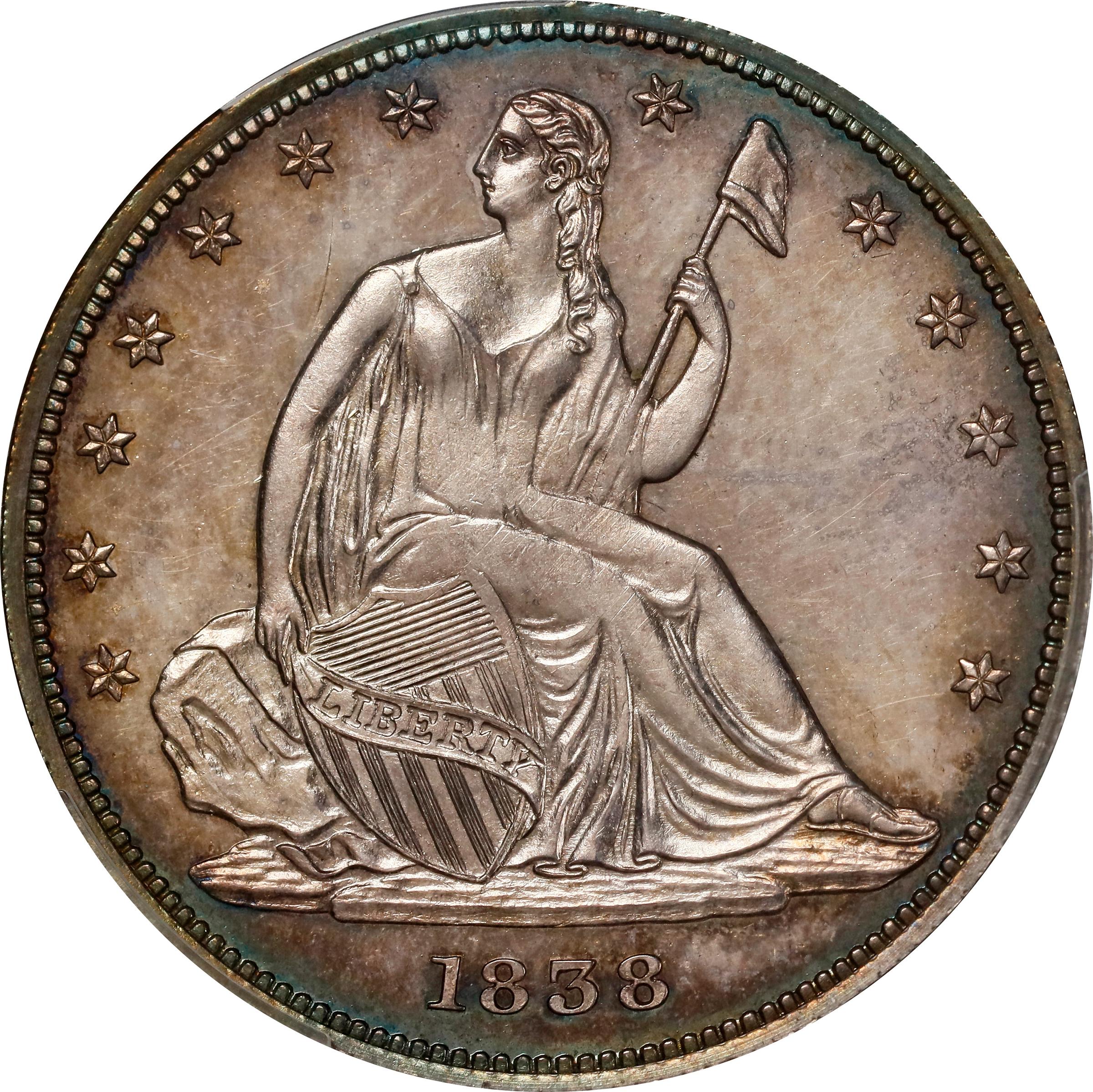 image for: 1838 Pattern Liberty Seated Half Dollar. Judd-80 Restrike, Pollock-87. Rarity-7+. Silver. Reeded Edge. Proof-65 (PCGS).
