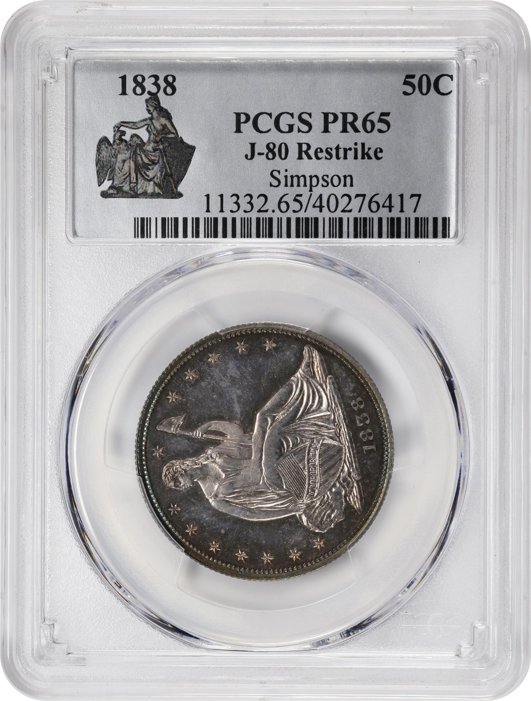 image for: 1838 Pattern Liberty Seated Half Dollar. Judd-80 Restrike, Pollock-87. Rarity-7+. Silver. Reeded Edge. Proof-65 (PCGS).