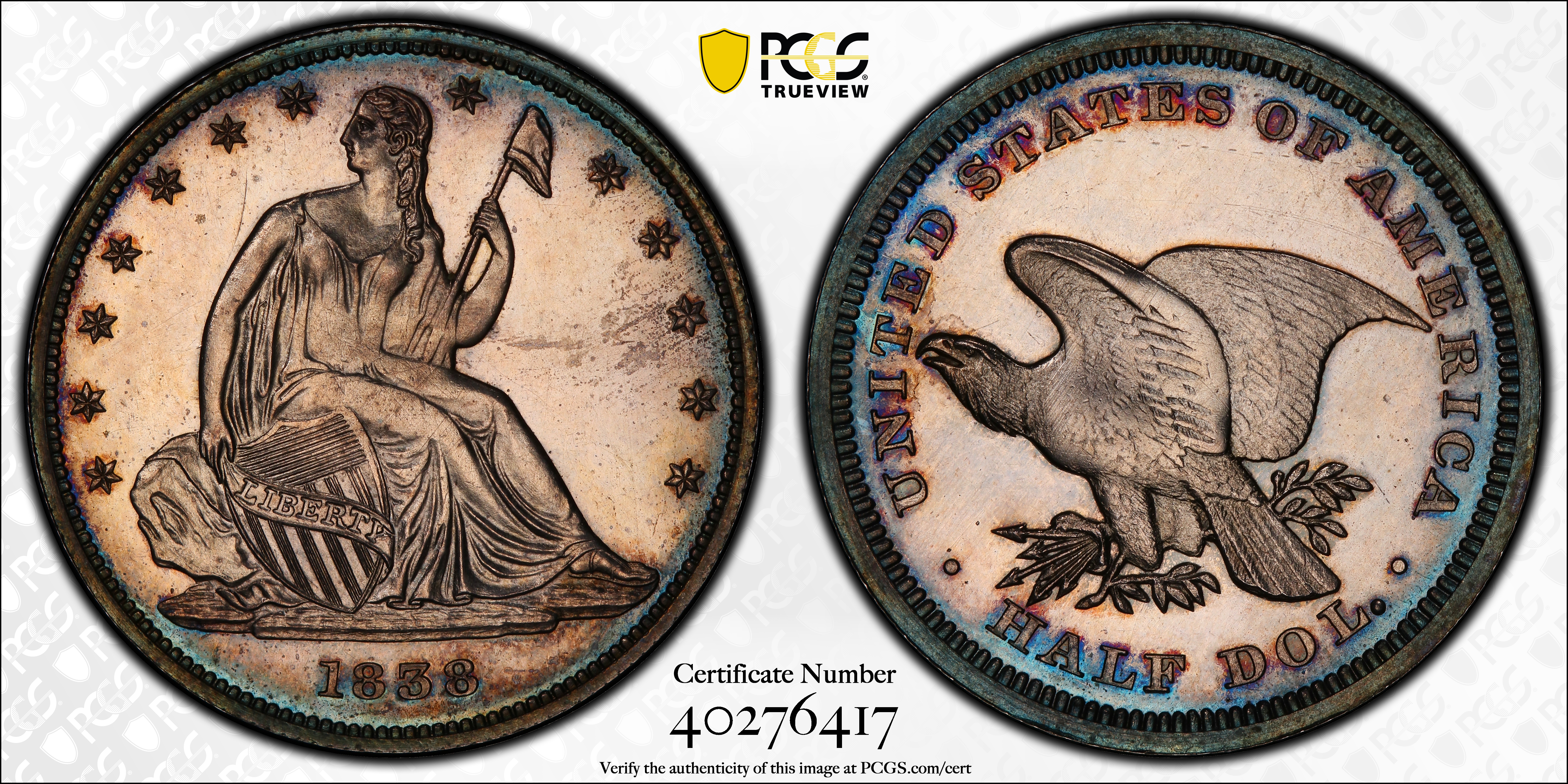 image for: 1838 Pattern Liberty Seated Half Dollar. Judd-80 Restrike, Pollock-87. Rarity-7+. Silver. Reeded Edge. Proof-65 (PCGS).