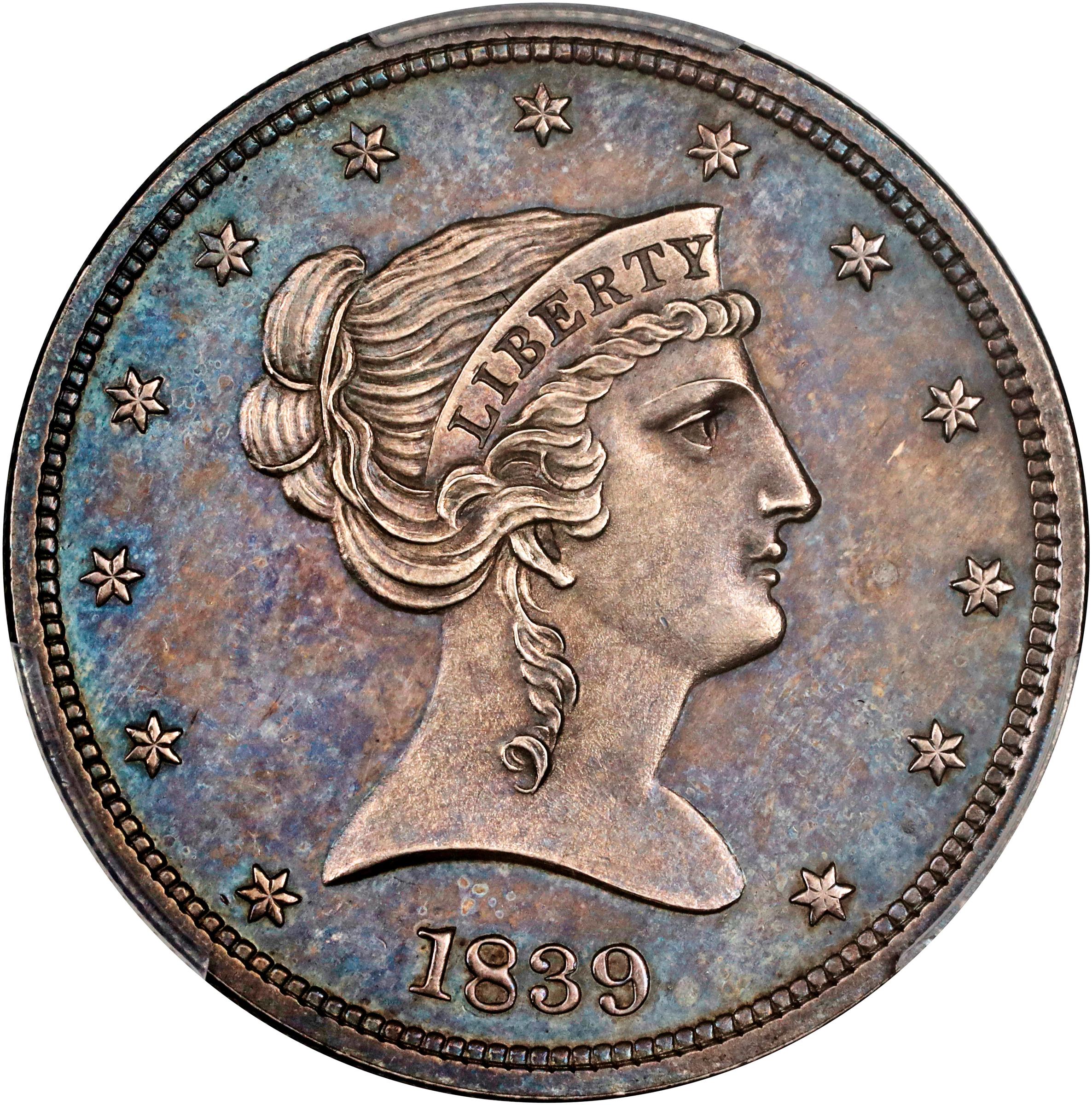image for: 1839 Pattern Half Dollar. Judd-93 Original, Pollock-105. Rarity-7-. Silver. Reeded Edge. Proof-65+ (PCGS).