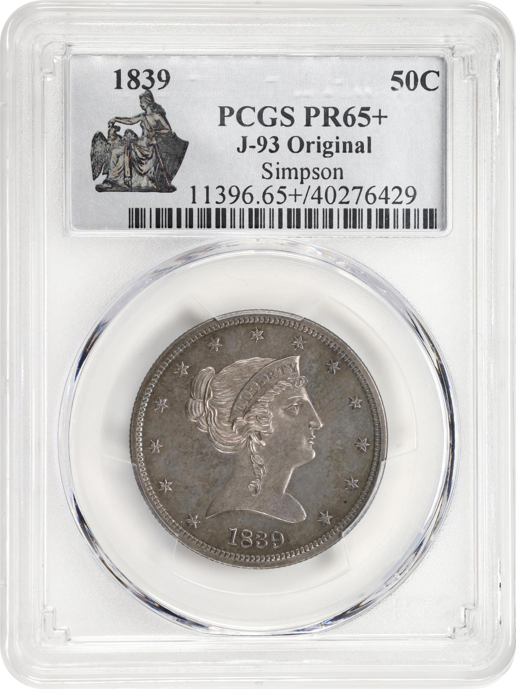 image for: 1839 Pattern Half Dollar. Judd-93 Original, Pollock-105. Rarity-7-. Silver. Reeded Edge. Proof-65+ (PCGS).