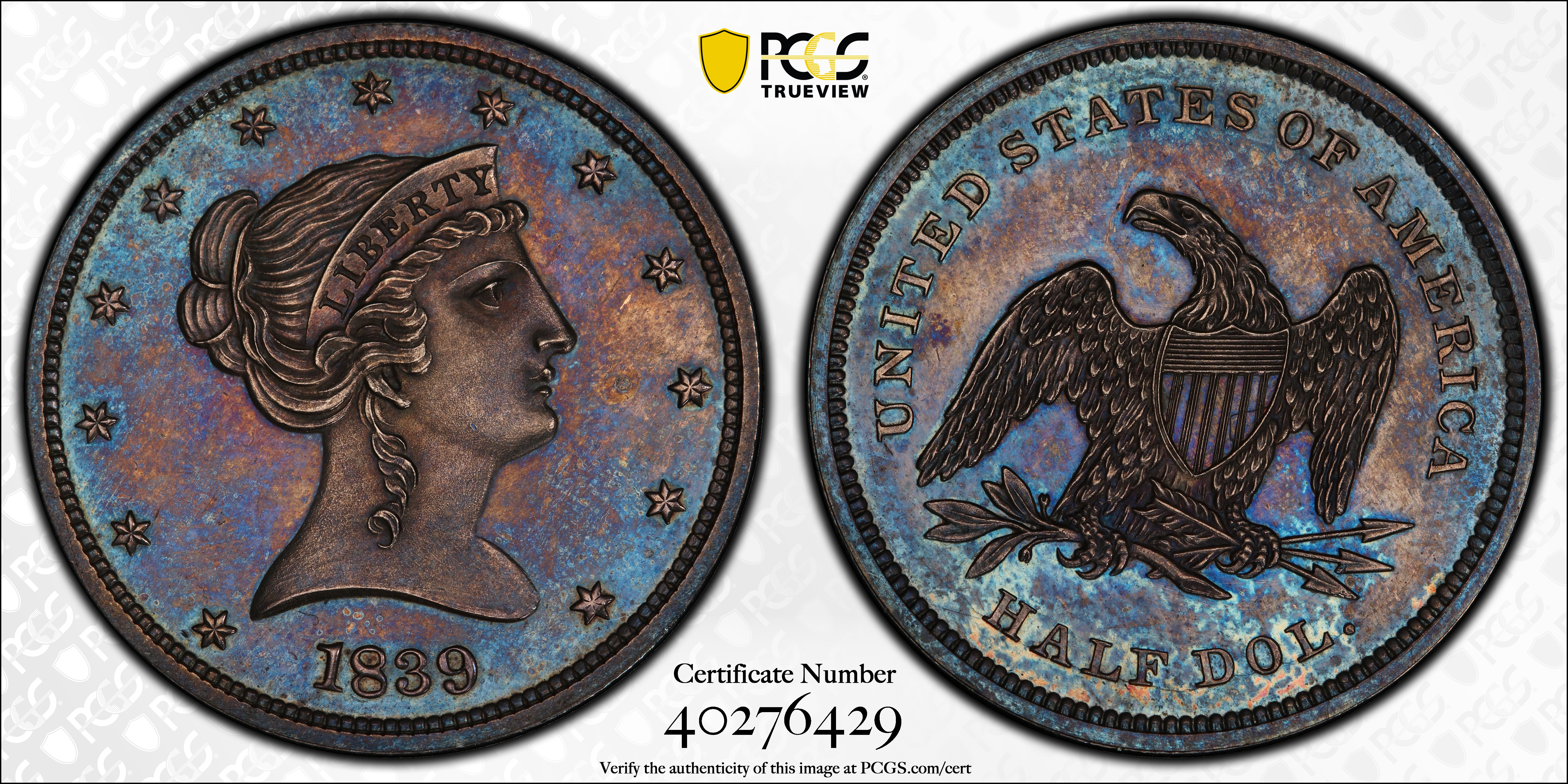 image for: 1839 Pattern Half Dollar. Judd-93 Original, Pollock-105. Rarity-7-. Silver. Reeded Edge. Proof-65+ (PCGS).