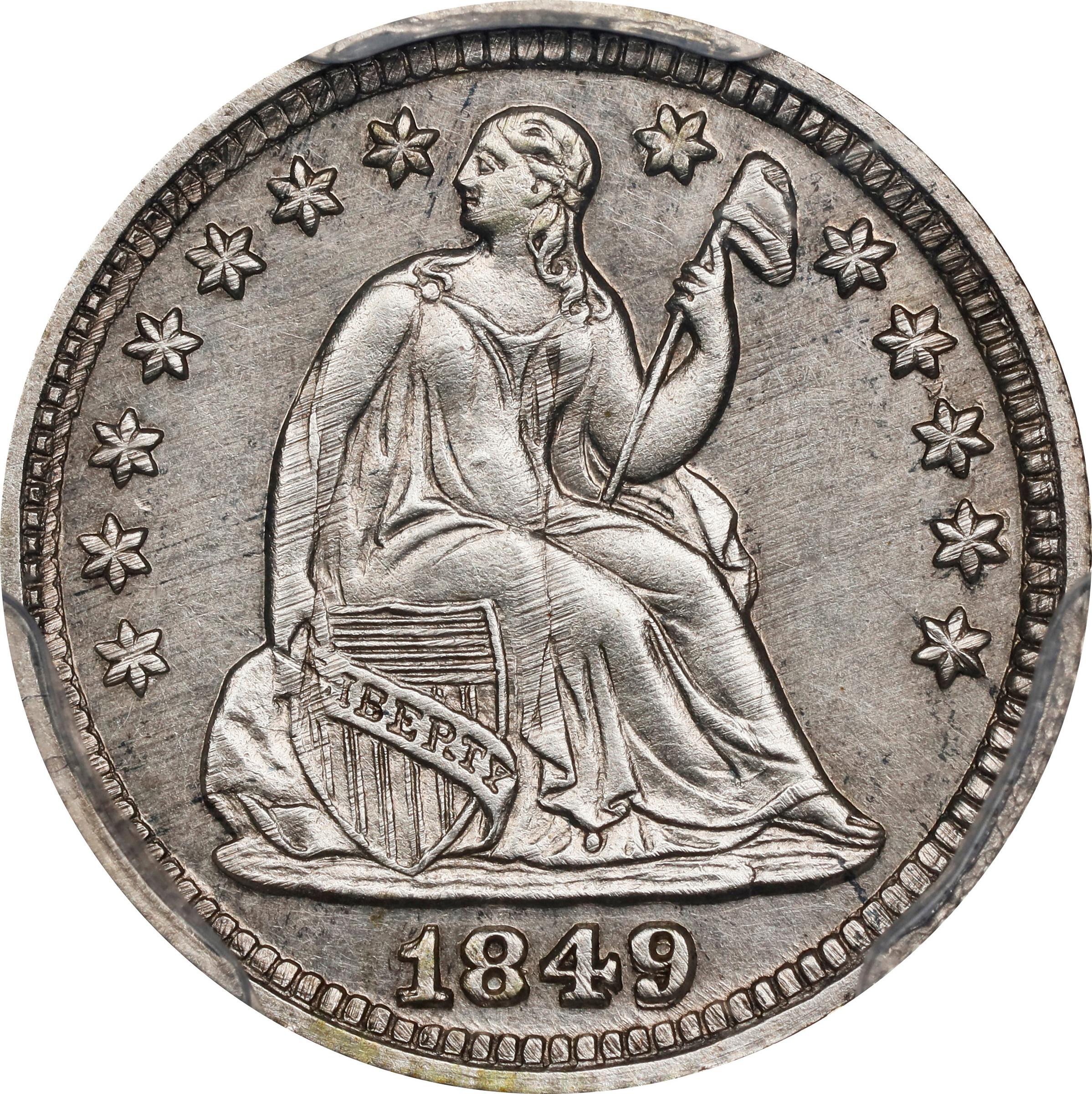 image for: 1849 Pattern Liberty Seated Trime. Judd-112 Original, Pollock-126. Rarity-7-. Silver-Copper Alloy. Reeded Edge. Proof-63 (PCGS). CAC. CMQ.
