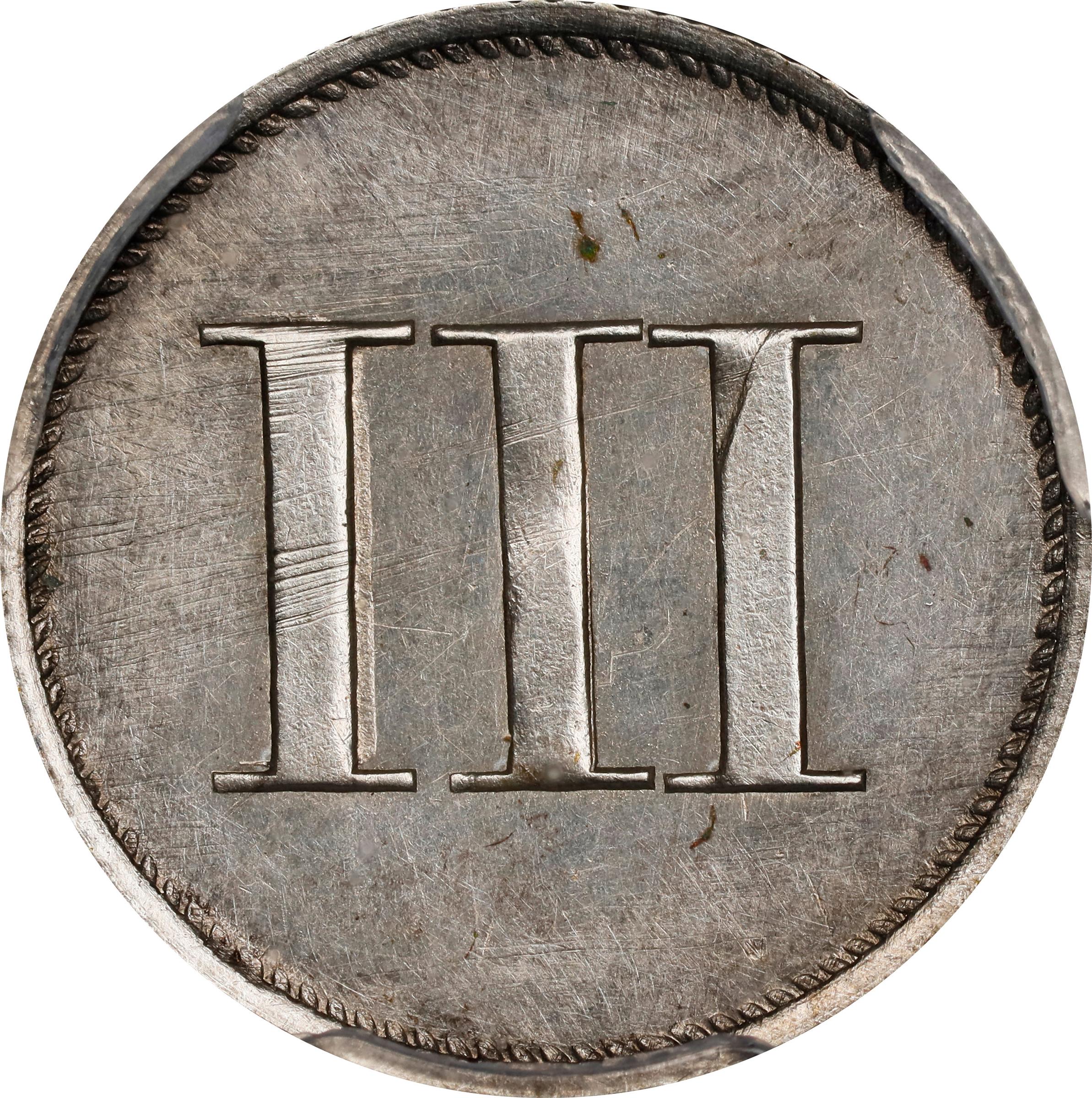 image for: 1849 Pattern Liberty Seated Trime. Judd-112 Original, Pollock-126. Rarity-7-. Silver-Copper Alloy. Reeded Edge. Proof-63 (PCGS). CAC. CMQ.