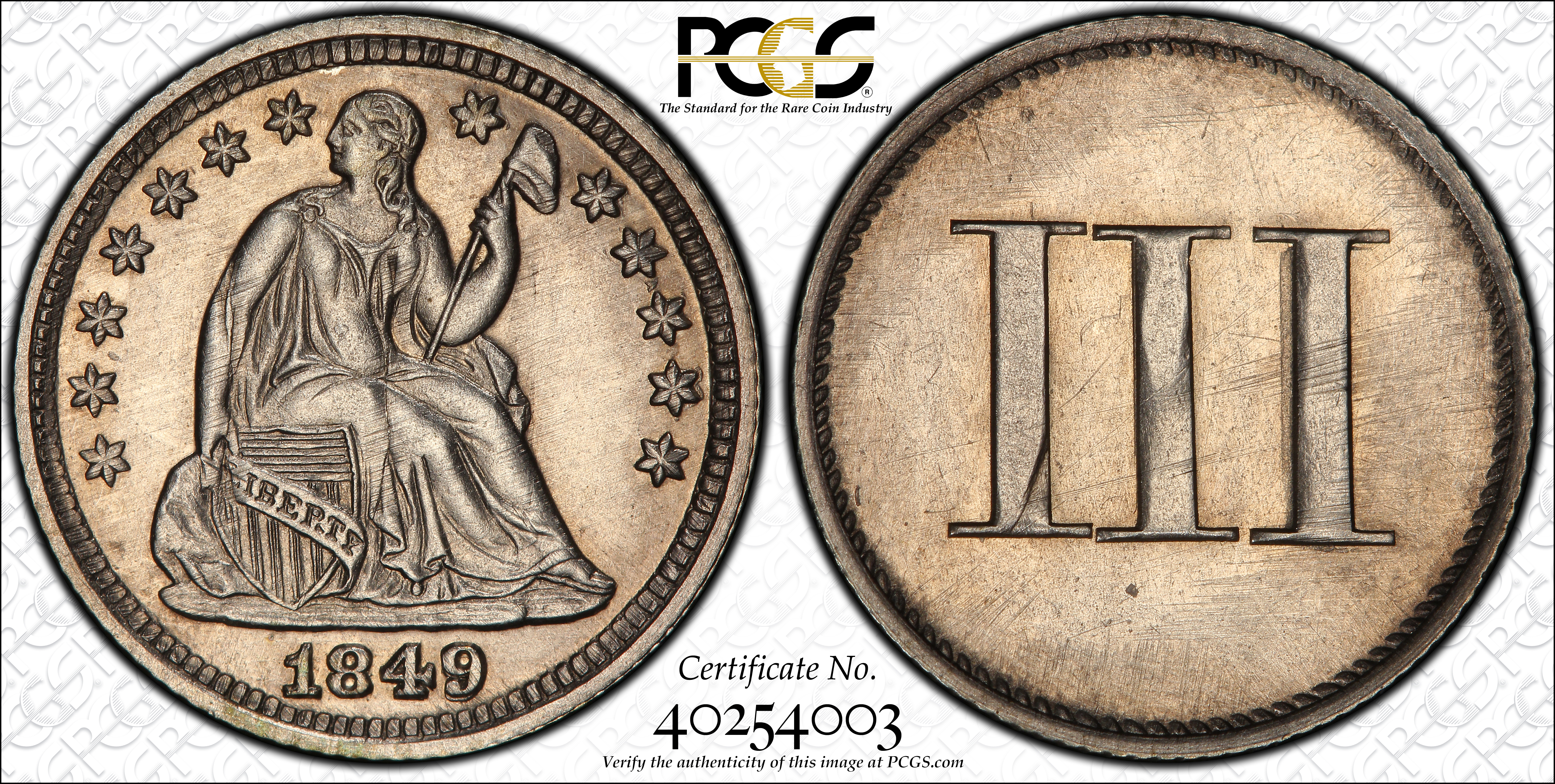 image for: 1849 Pattern Liberty Seated Trime. Judd-112 Original, Pollock-126. Rarity-7-. Silver-Copper Alloy. Reeded Edge. Proof-63 (PCGS). CAC. CMQ.