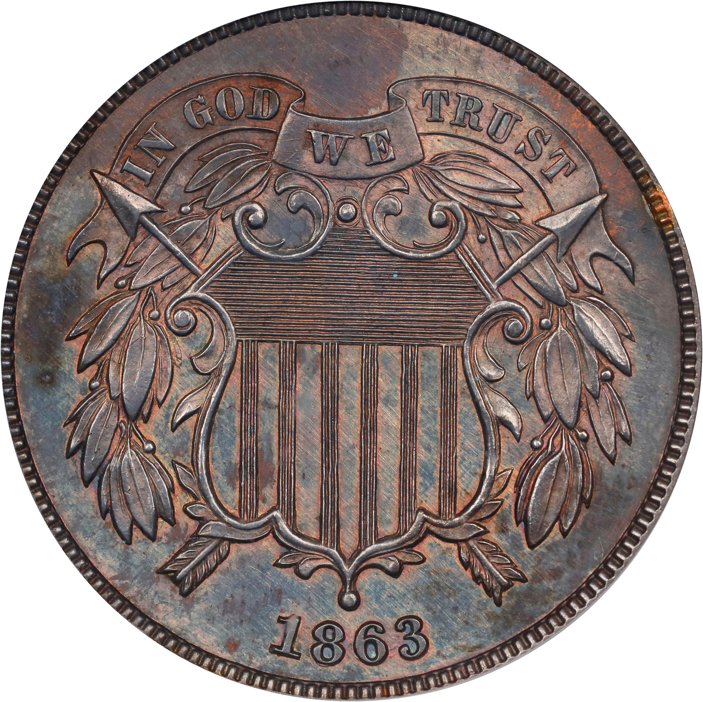 image for: 1863 Pattern Two-Cent Piece. Judd-316, Pollock-381. Rarity-6+. Copper or Bronze. Plain Edge. Proof-65 BN (PCGS). CAC.