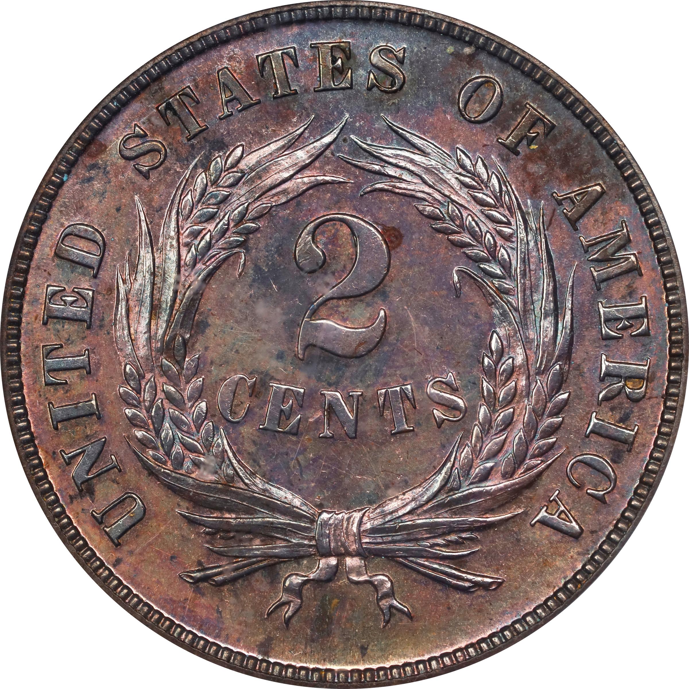 image for: 1863 Pattern Two-Cent Piece. Judd-316, Pollock-381. Rarity-6+. Copper or Bronze. Plain Edge. Proof-65 BN (PCGS). CAC.