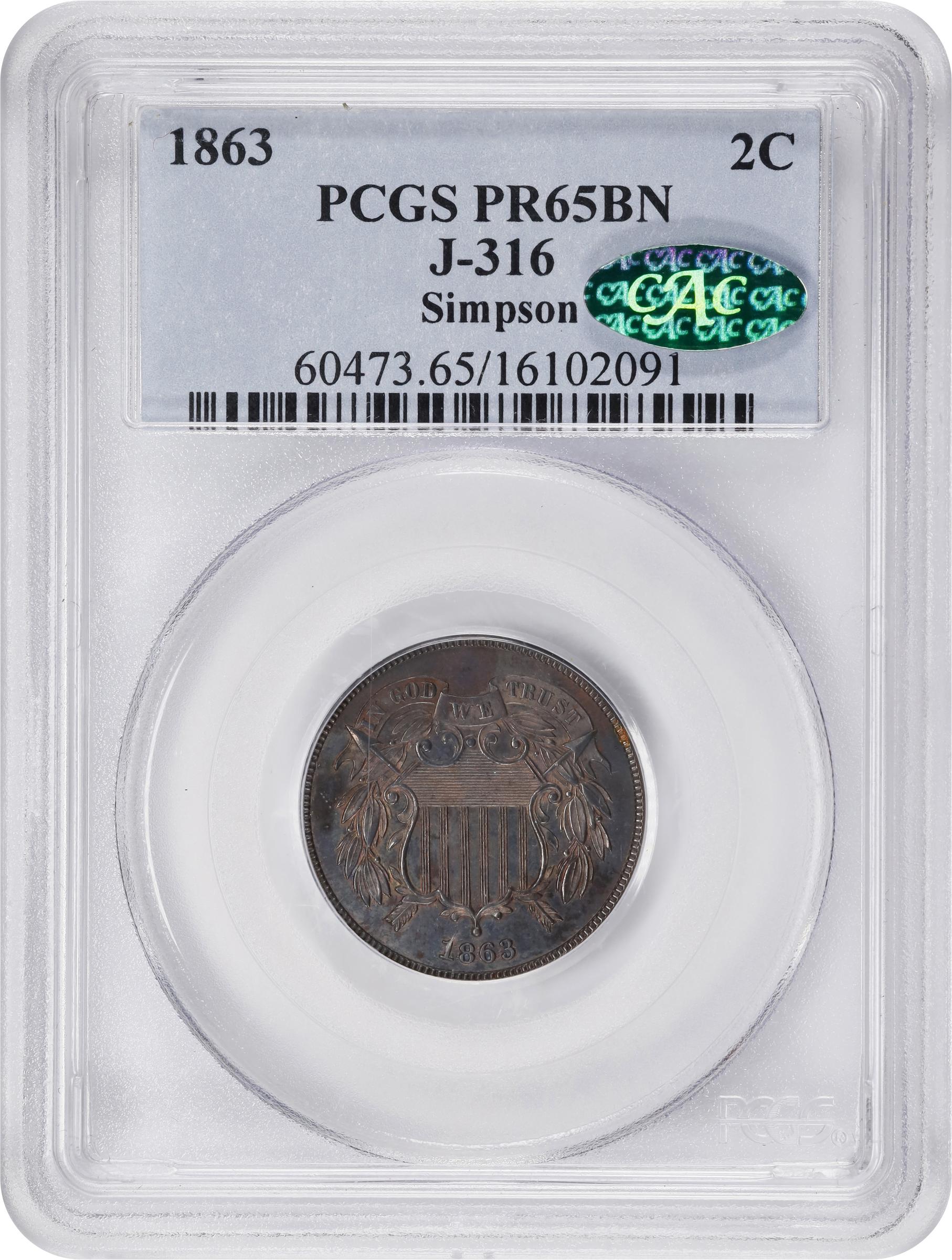 image for: 1863 Pattern Two-Cent Piece. Judd-316, Pollock-381. Rarity-6+. Copper or Bronze. Plain Edge. Proof-65 BN (PCGS). CAC.