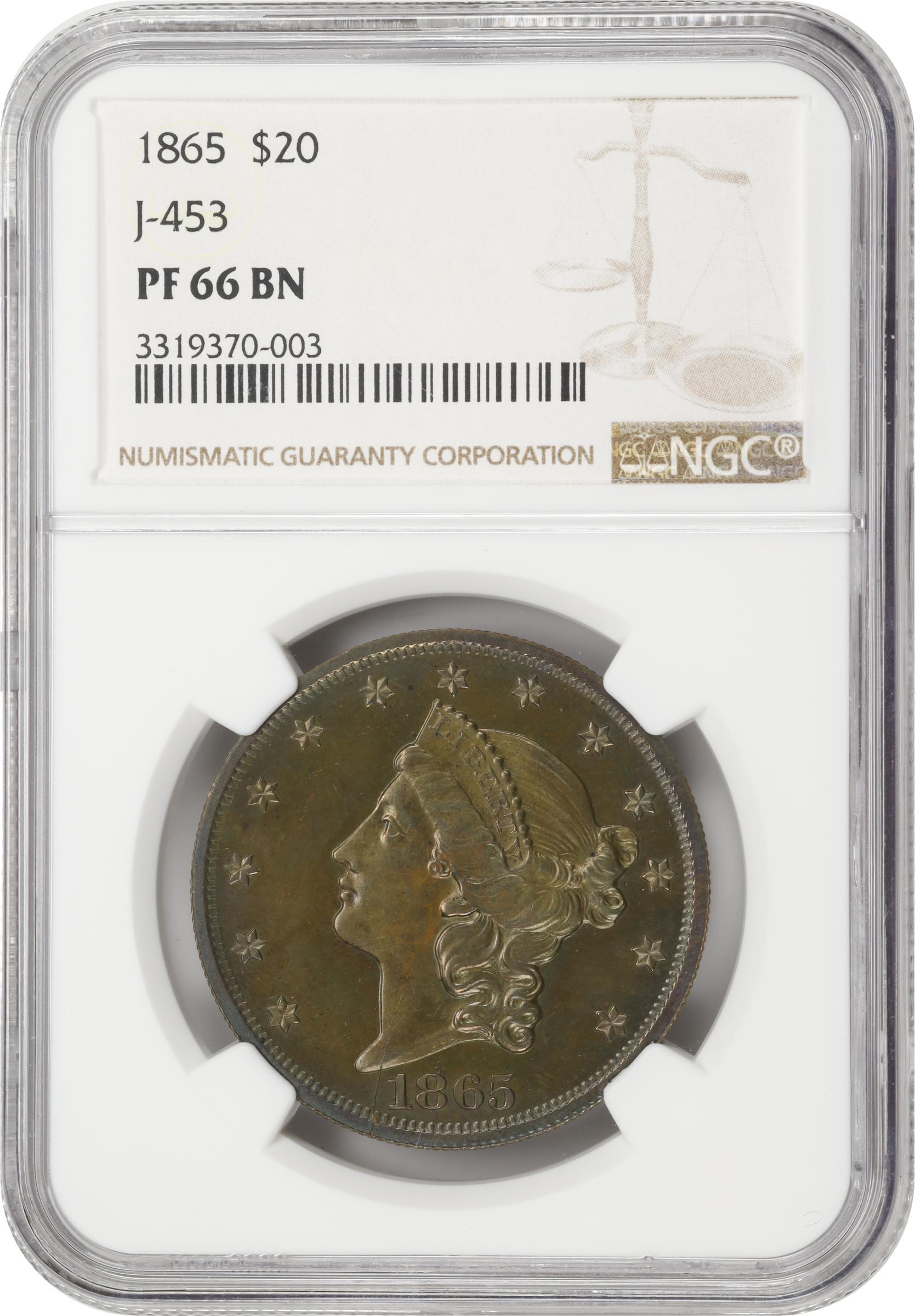 image for: 1865 Pattern Liberty Head Double Eagle. Judd-453, Pollock-526. Rarity-6+. Copper. Reeded Edge. Proof-66 BN (NGC).
