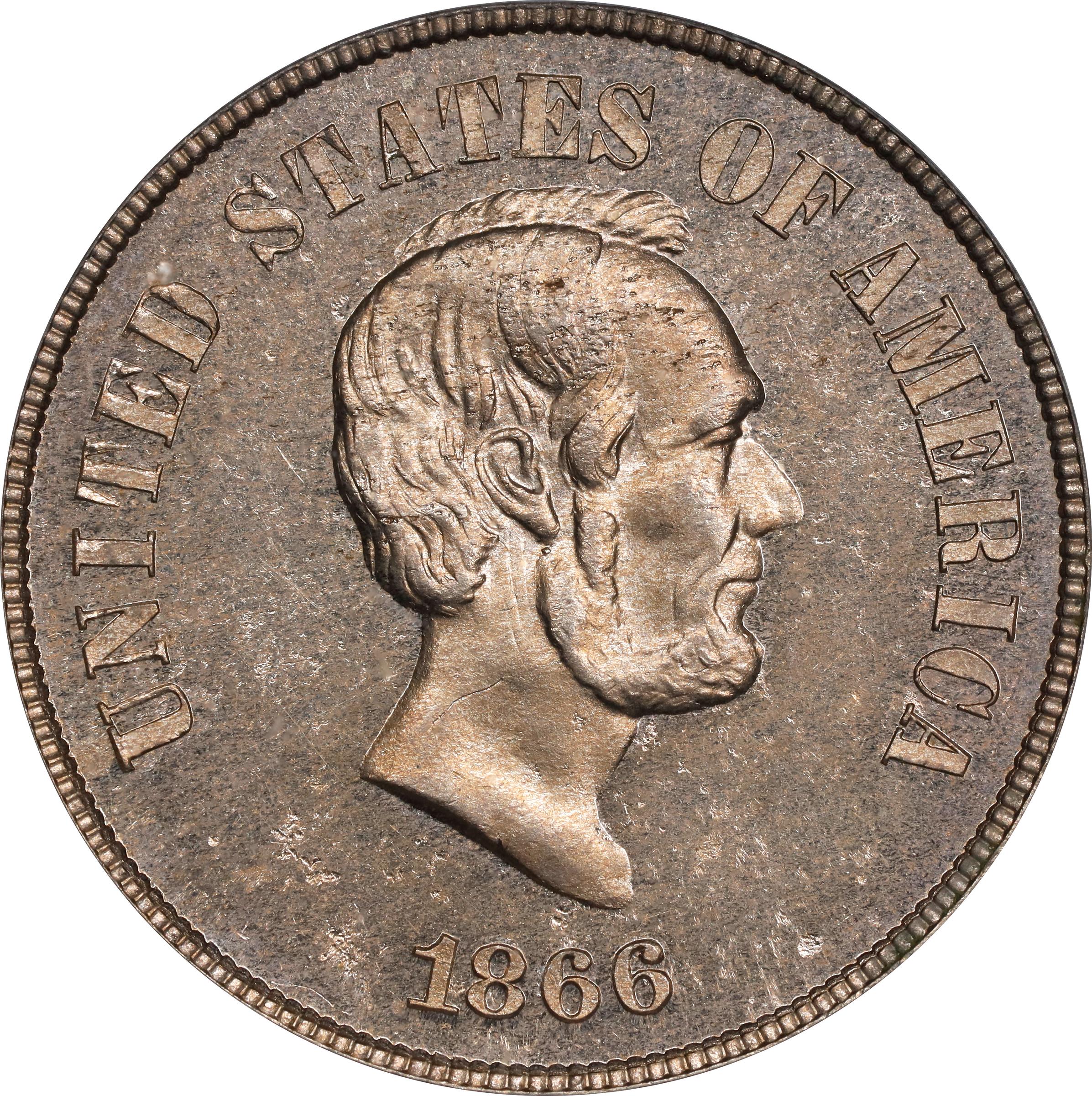 image for: 1866 Pattern Lincoln Five Cents. Judd-486, Pollock-575, Cunningham 15-510N, King-525. Rarity-7-. Nickel. Plain Edge. Proof-64 (PCGS). CAC. CMQ. OGH.