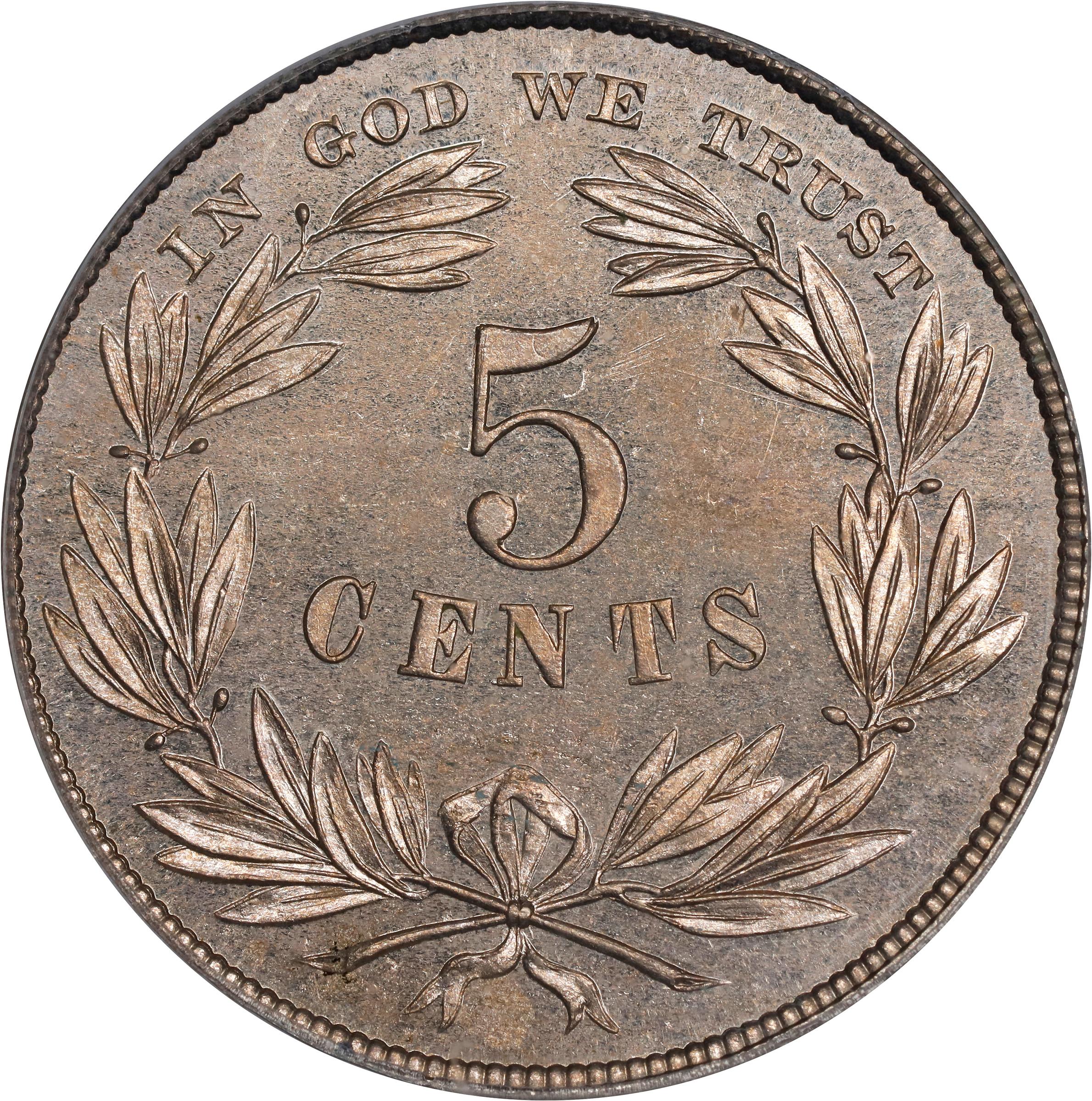 image for: 1866 Pattern Lincoln Five Cents. Judd-486, Pollock-575, Cunningham 15-510N, King-525. Rarity-7-. Nickel. Plain Edge. Proof-64 (PCGS). CAC. CMQ. OGH.